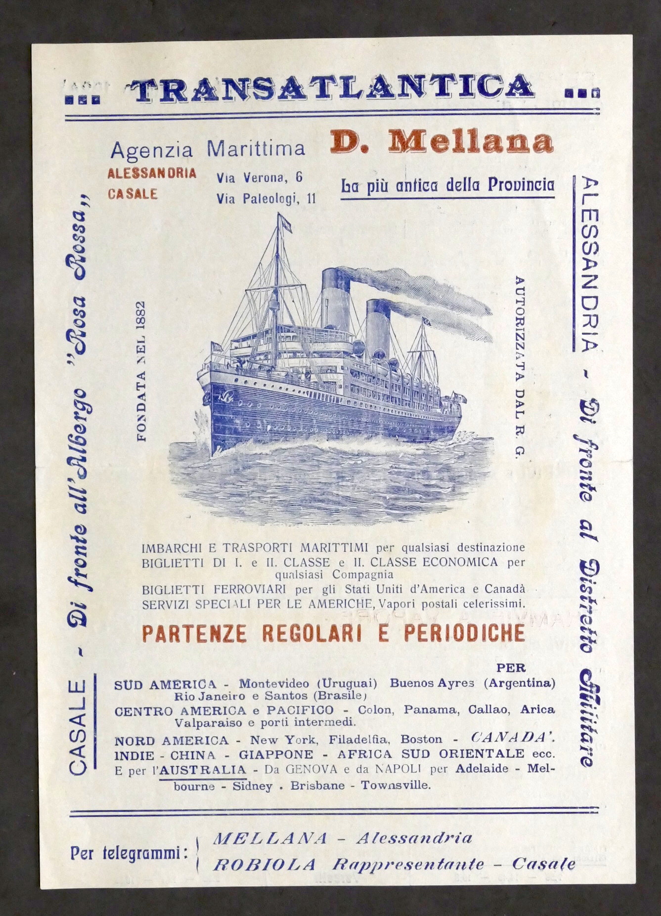 Pubblicità - Transatlantica - Agenzia Marittima D. Mellana - Alessandria …