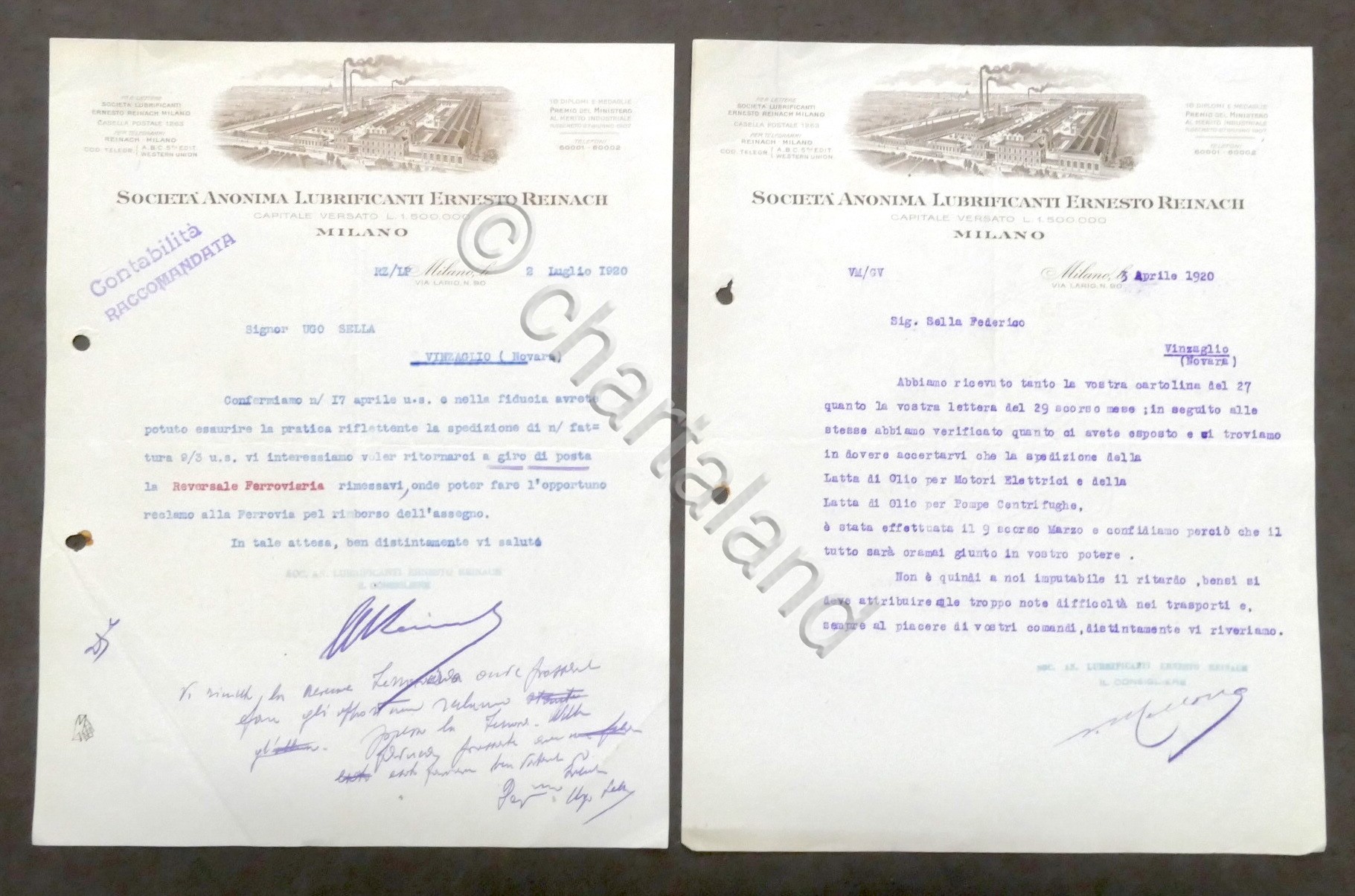 Pubblicità 2 Fatture - Società Anonima Lubrificanti E. Reinach - …