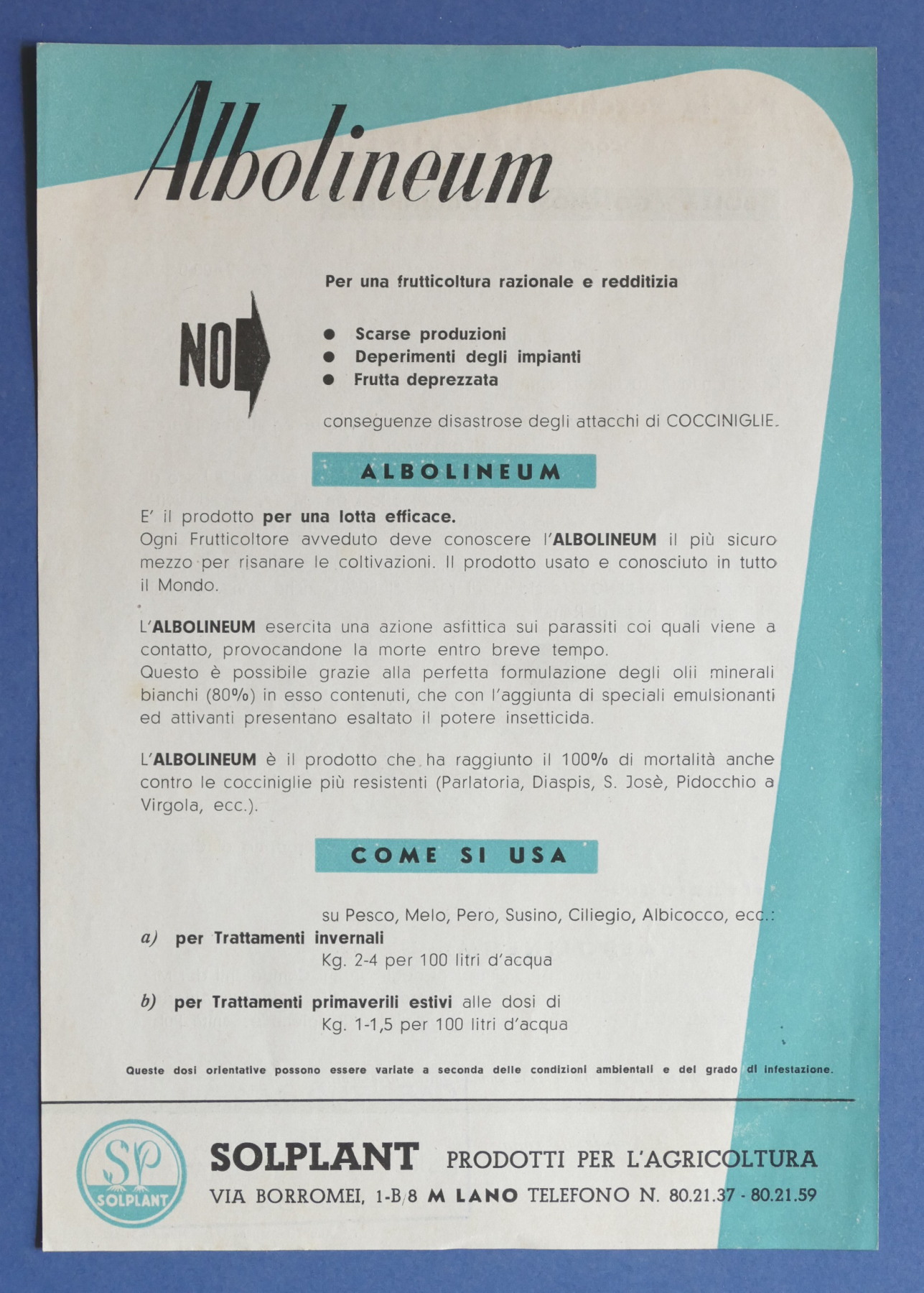 Pubblicità agraria Brochure Solplant Milano - Albolineum - anni '50