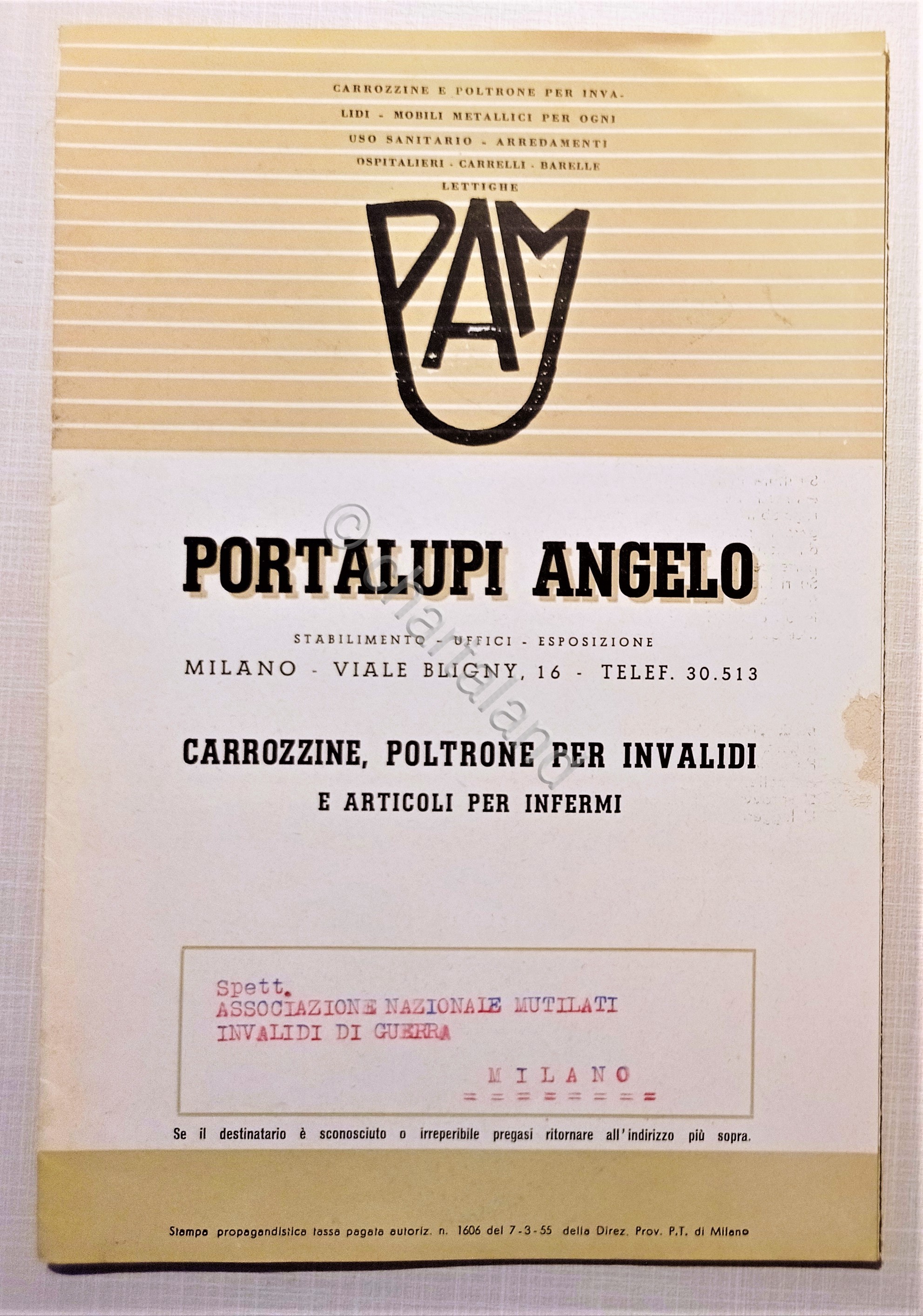 Pubblicita Brochure Portalupi Angelo Carrozzine Poltrone per invalidi Anni' 60