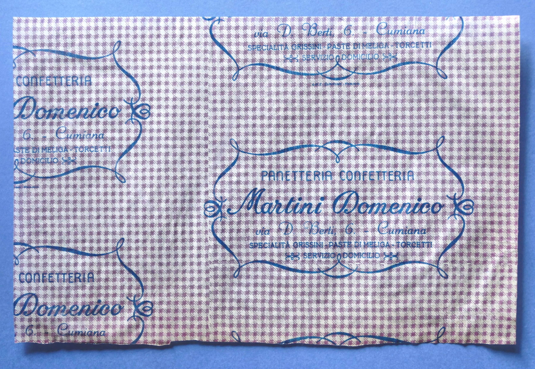 Pubblicità Carta confezione epoca Panetteria Confetteria Martini - Cumiana