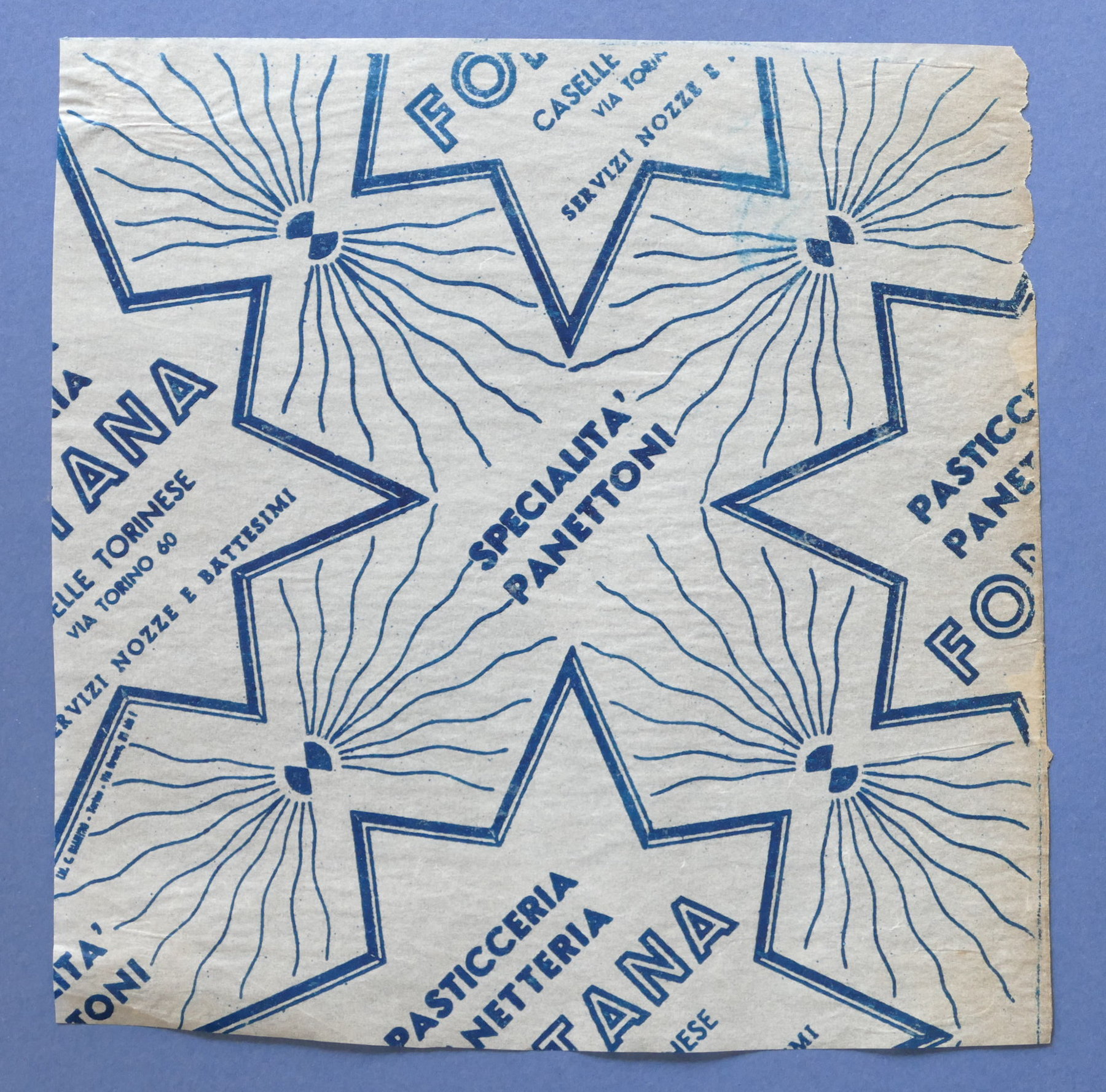 Pubblicità Carta confezione epoca Pasticceria Fontana - Caselle Torinese