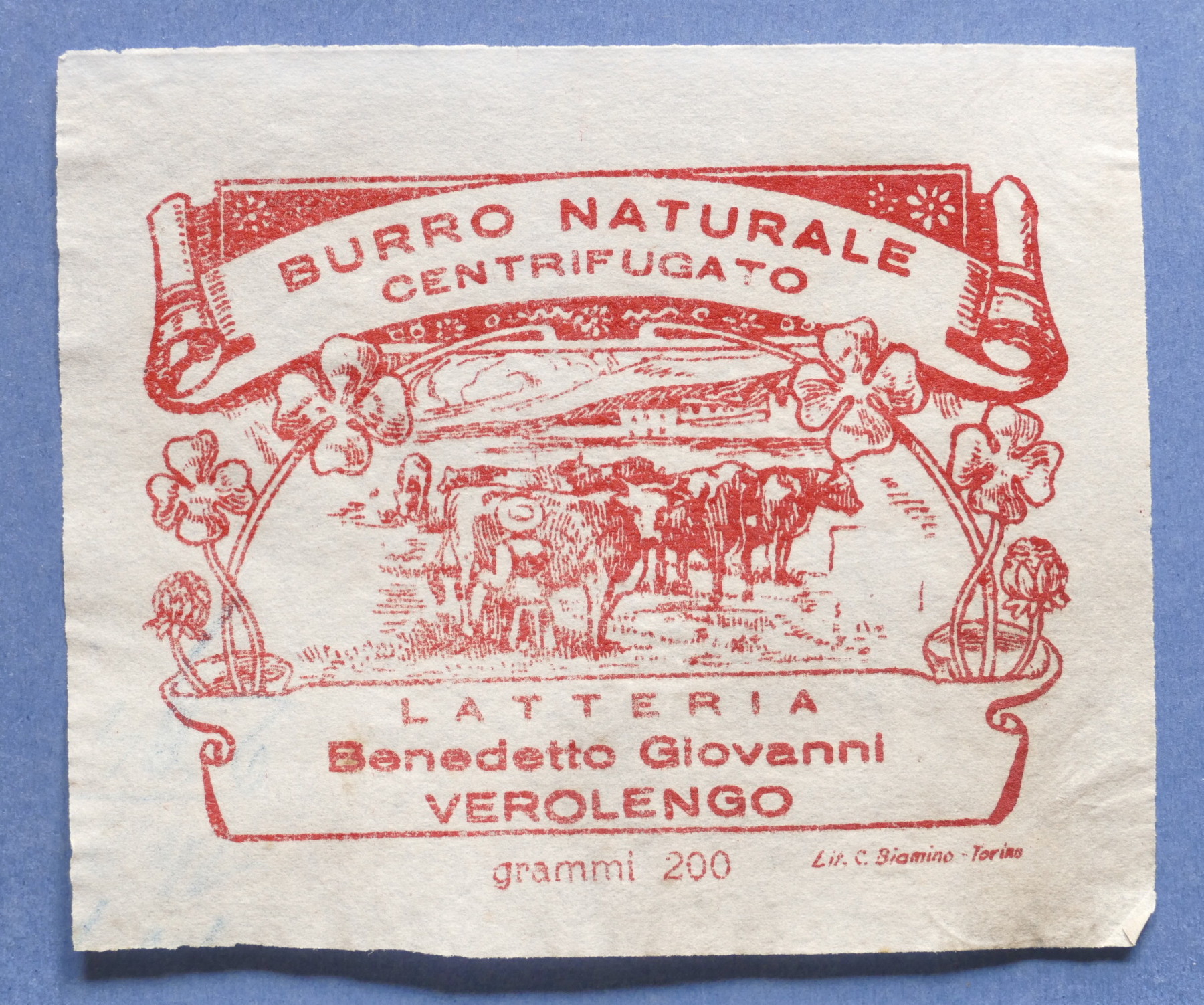 Pubblicità Carta confezione etichetta epoca Burro Benedetto Giovanni - Verolengo