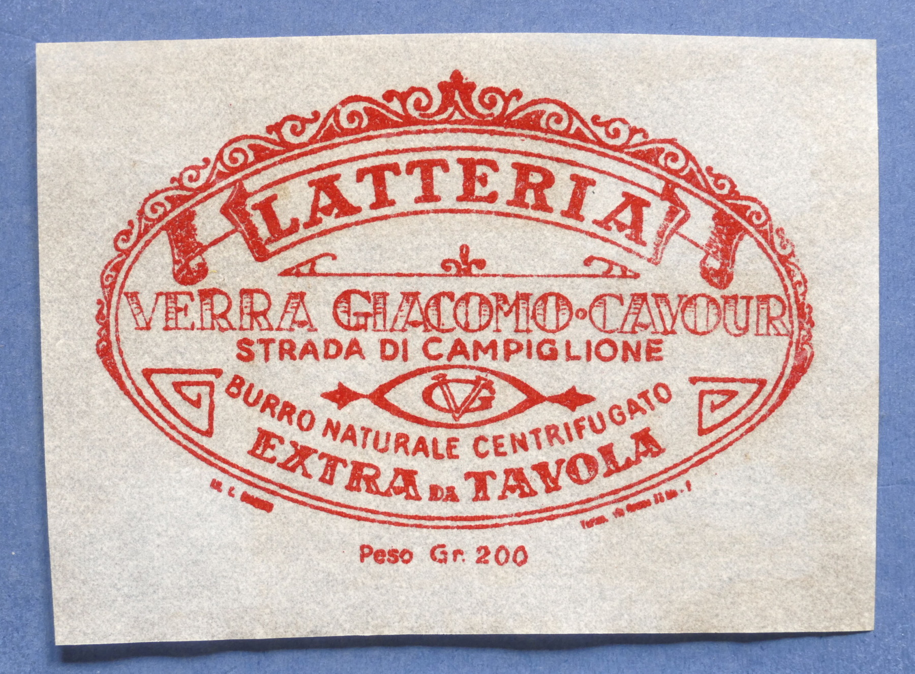 Pubblicità Carta confezione etichetta epoca Burro Latteria Verra - Cavour …