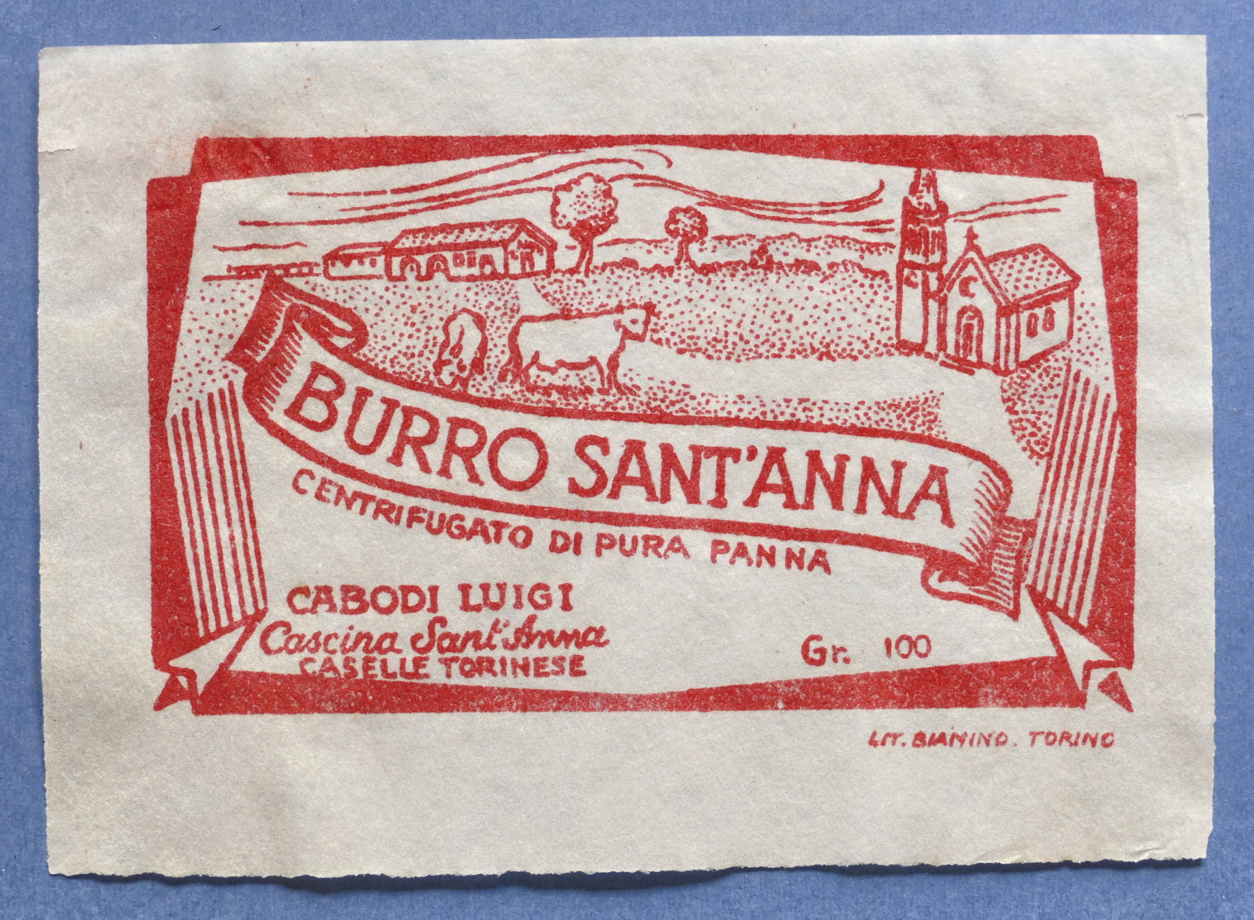 Pubblicità Carta confezione etichetta epoca Burro Sant'Anna - Caselle Torinese