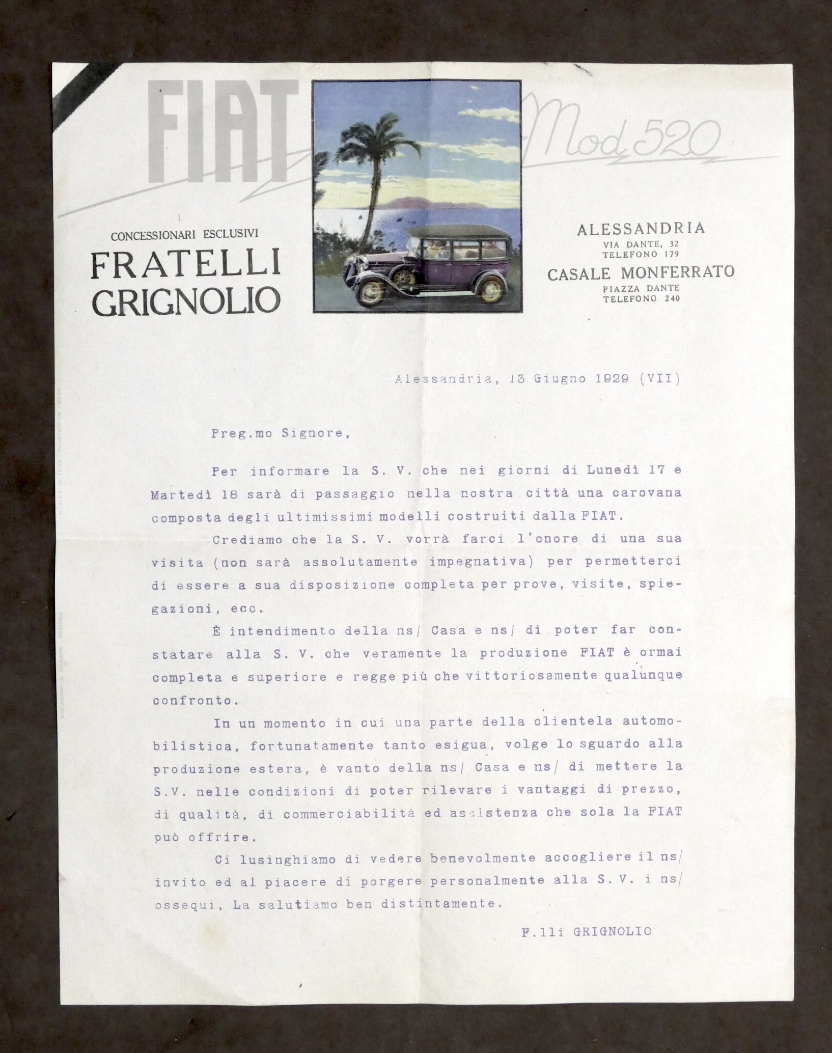 Pubblicità Concessionaria Fiat Grignolio Alessandria - Invito Prova vetture 1929