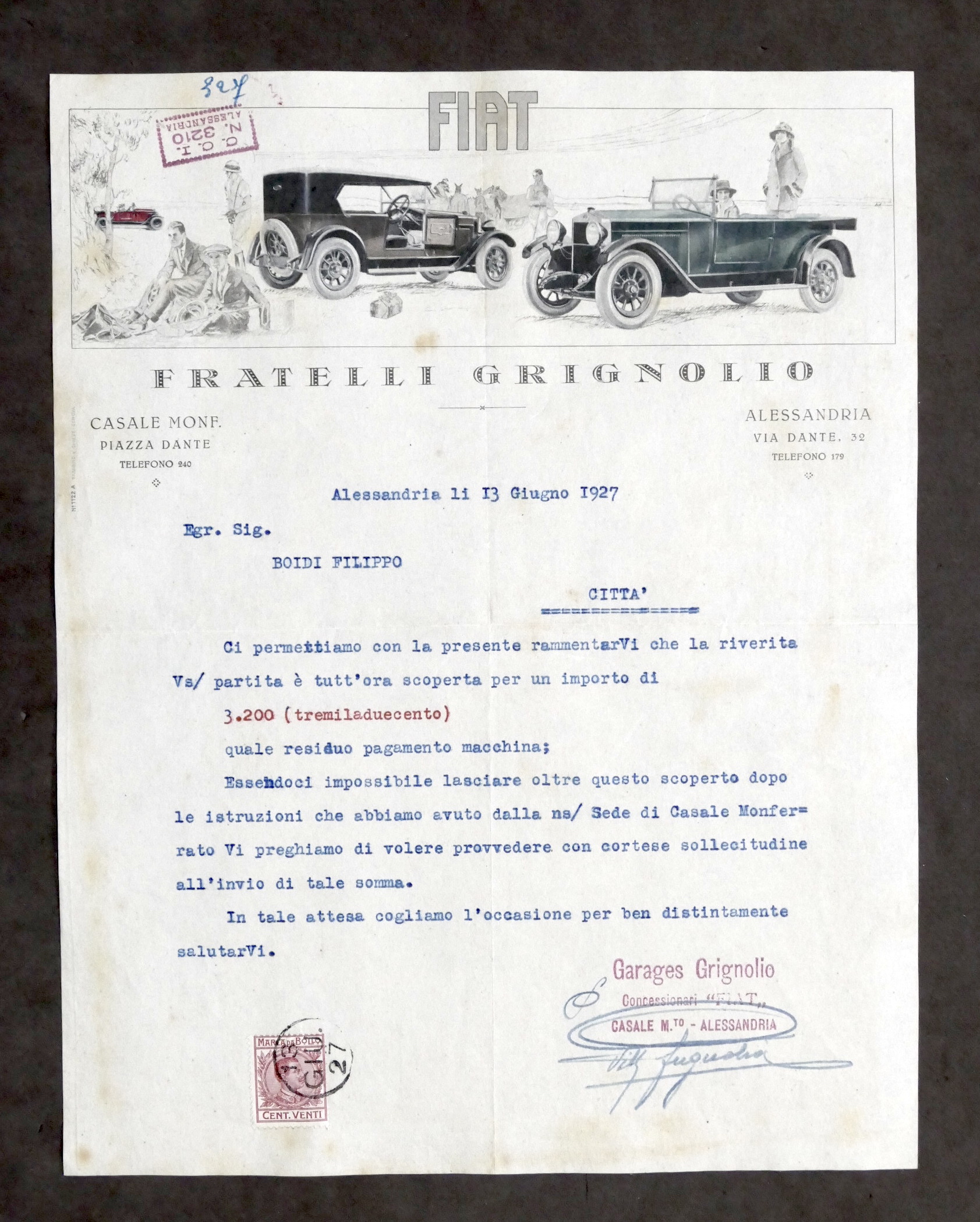 Pubblicità Concessionaria Fiat Grignolio Alessandria - Sollecito giugno 1927