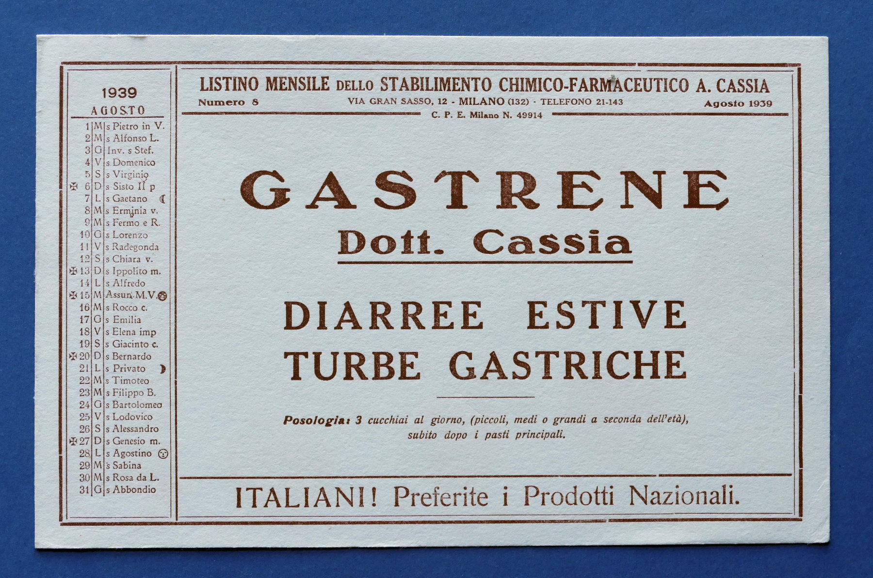 Pubblicità d'epoca Farmaceutica Carta Assorbente - Gastrene Dott. Cassia - …