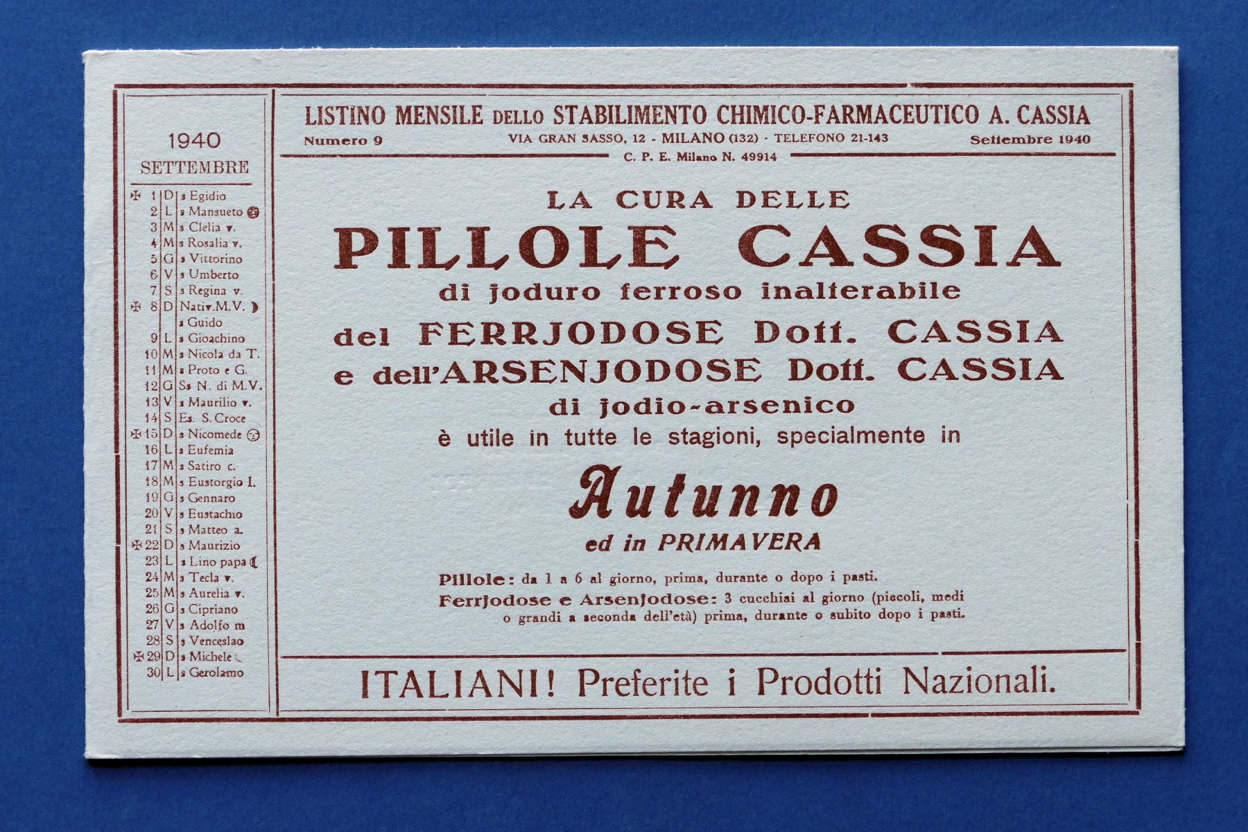 Pubblicità d'epoca Farmaceutica Carta Assorbente - Pillole Cassia - 1940