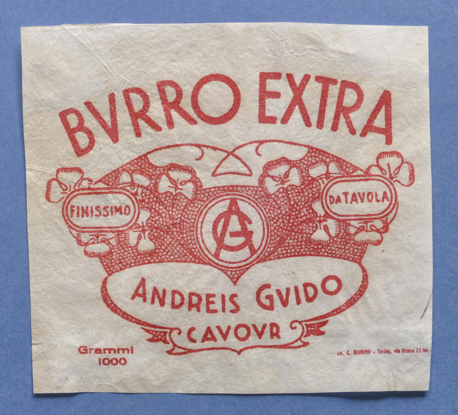 Pubblicità Etichetta epoca Burro Extra - Andreis Guido - Cavour …