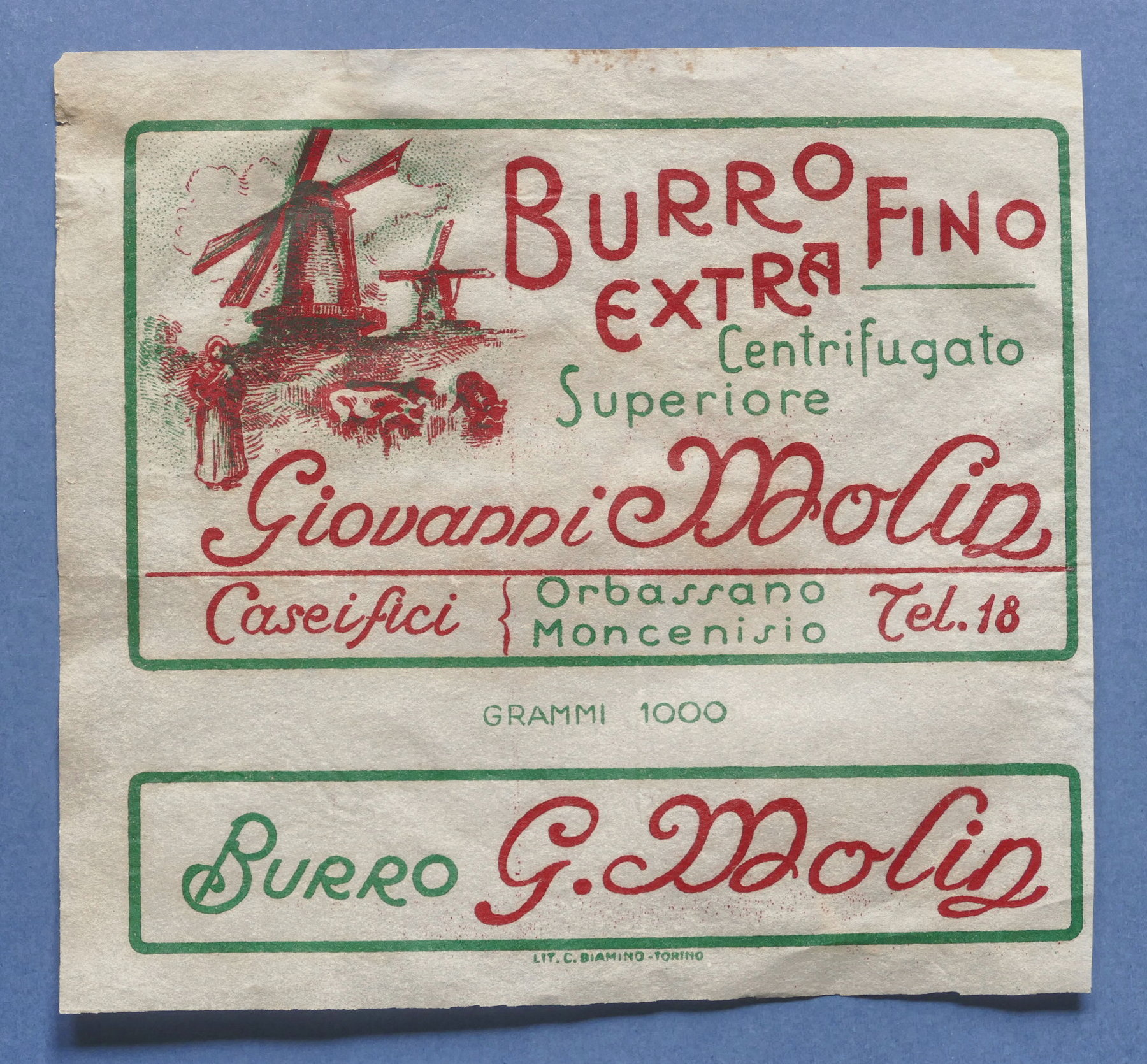 Pubblicità Etichetta epoca Burro Extra Fino G. Molin - Orbassano …