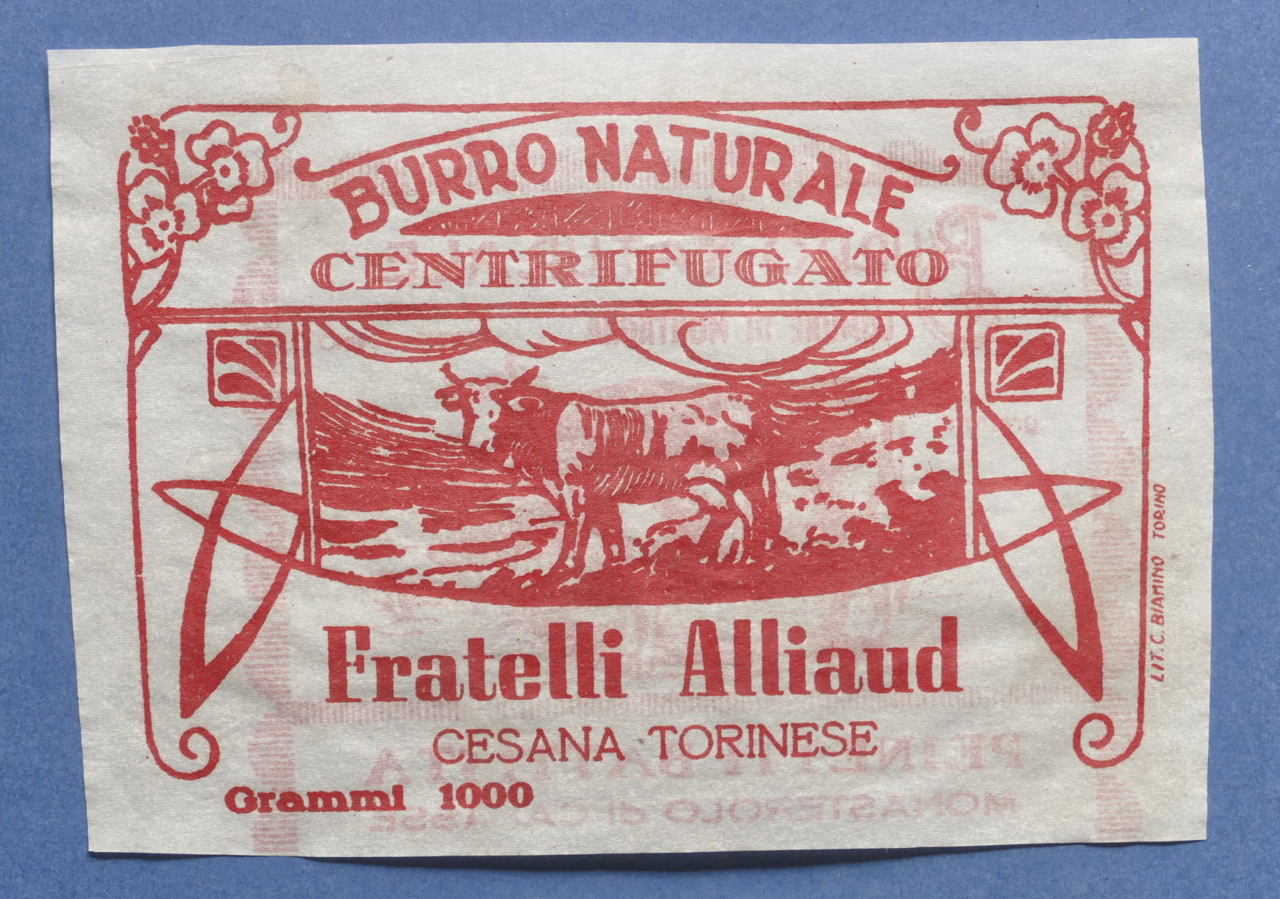 Pubblicità Etichetta epoca Burro Naturale Fratelli Alliaud - Cesana Torinese
