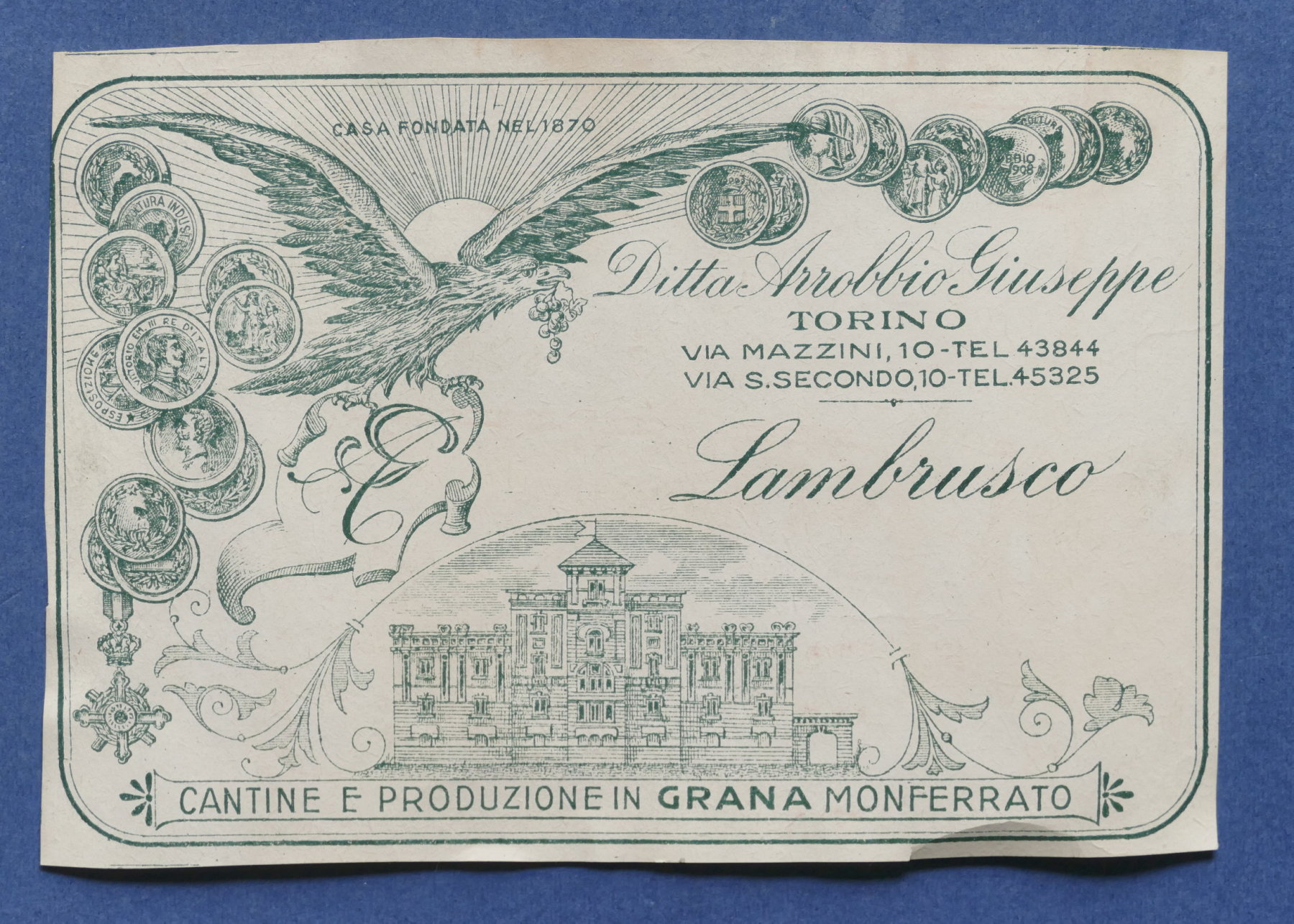 Pubblicità Etichetta epoca vino Lambrusco Ditta Arrobbio - Grana Monferrato