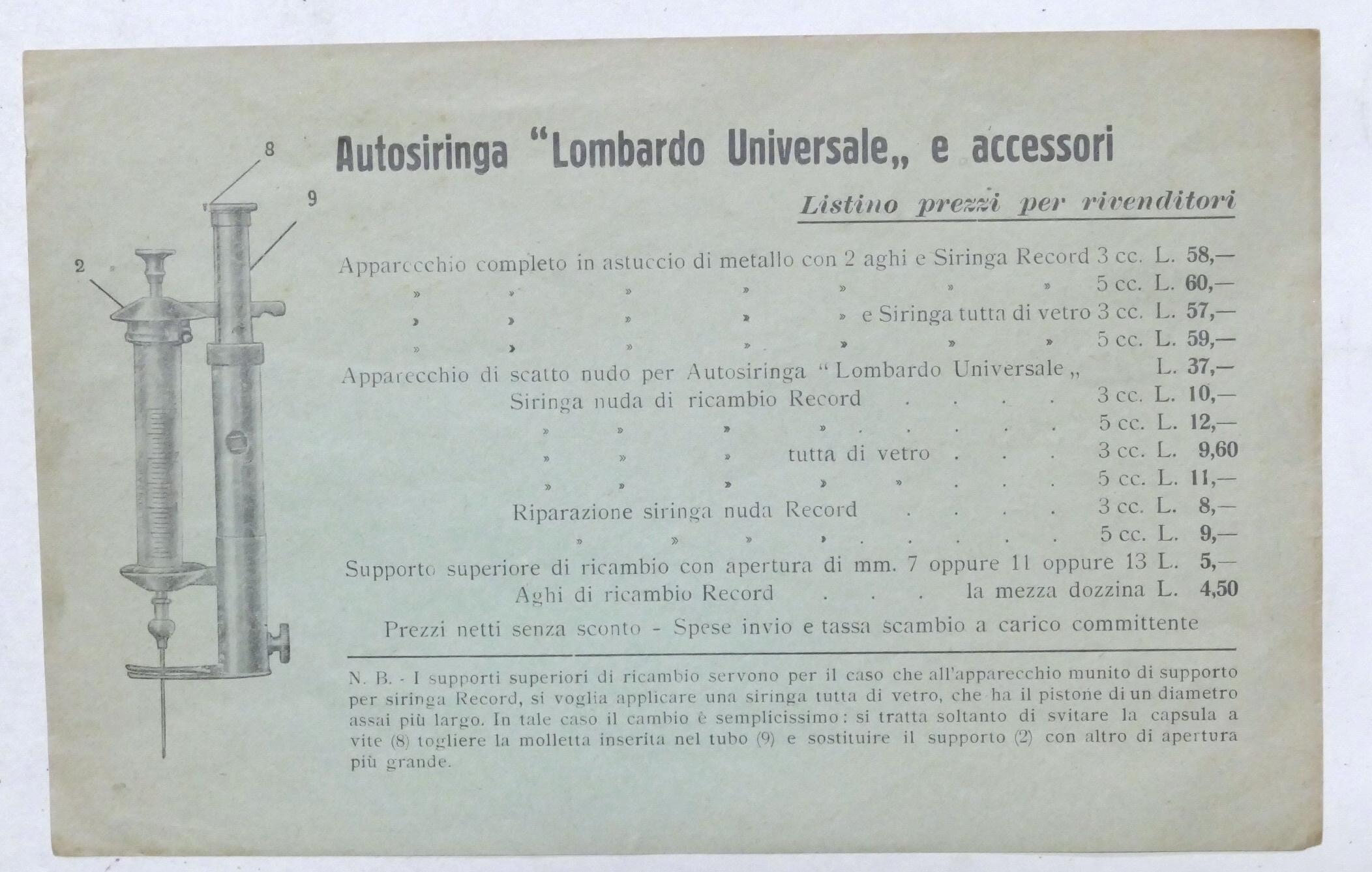 Pubblicità farmaceutica - Autosiringa Lombardo Universale - Listino prezzi