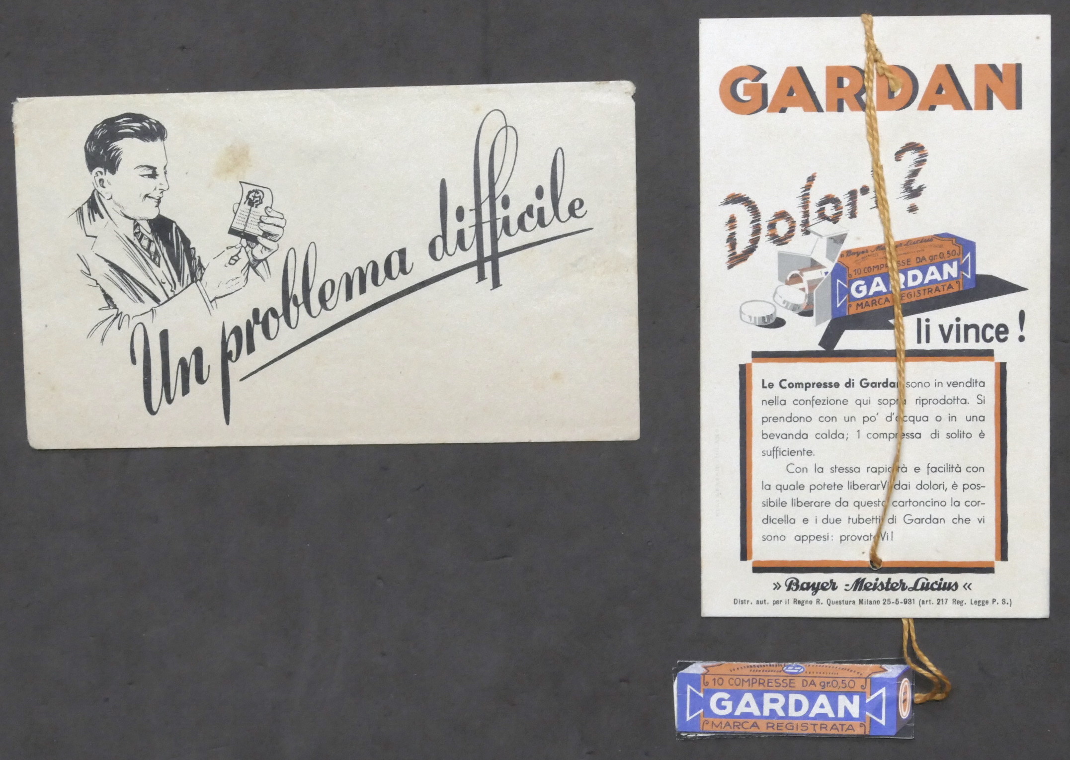 Pubblicità farmaceutica - Cartoncino Compresse Gardan - Bayer - 1931