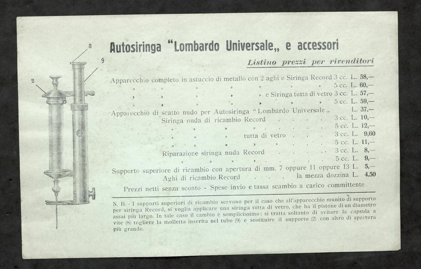 Pubblicità Farmaceutica Autosiringa Lombardo Universale Listino prezzi anni '40