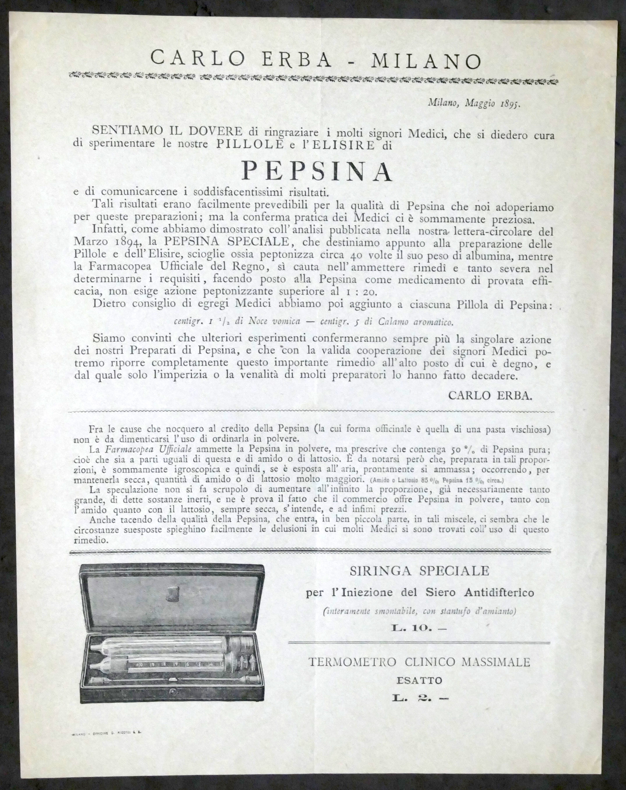 Pubblicità farmaceutica Brochure pillole di Pepsina e siringa Carlo Erba …