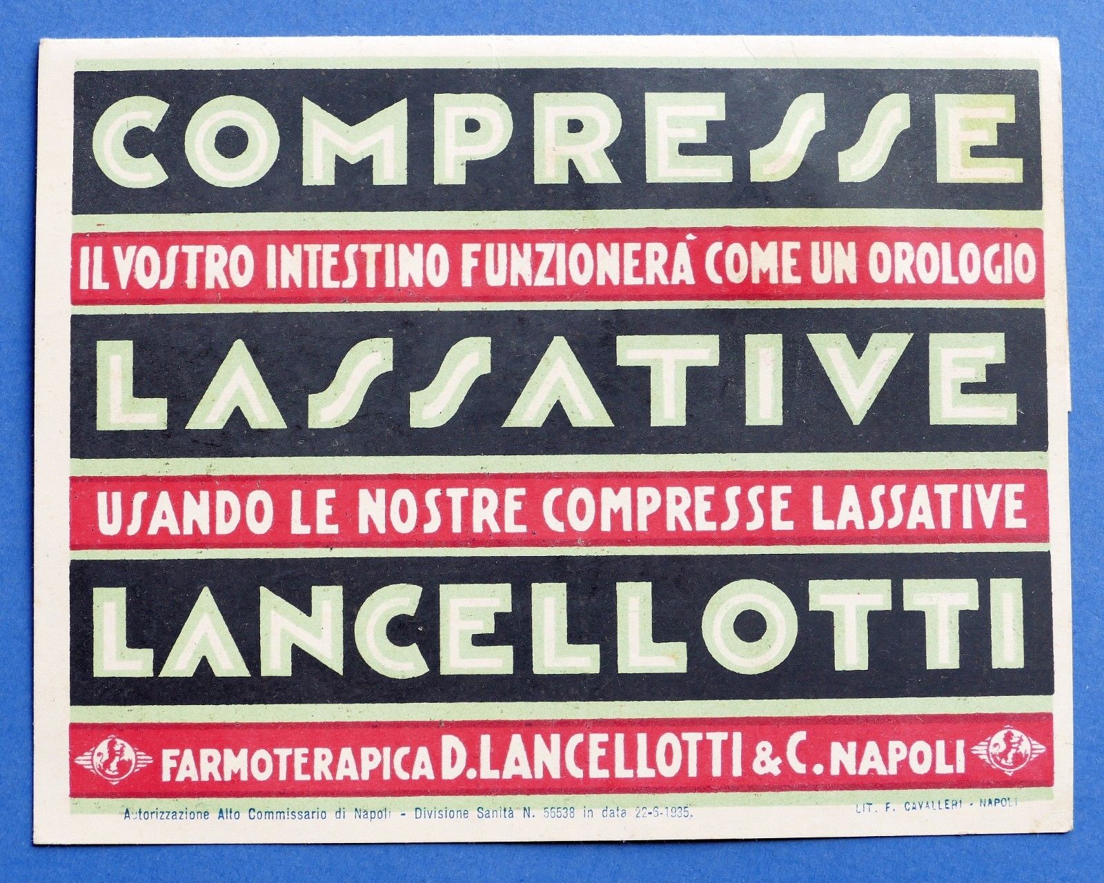 Pubblicità Farmaceutica Compresse Lassative Lancellotti con compressa originale