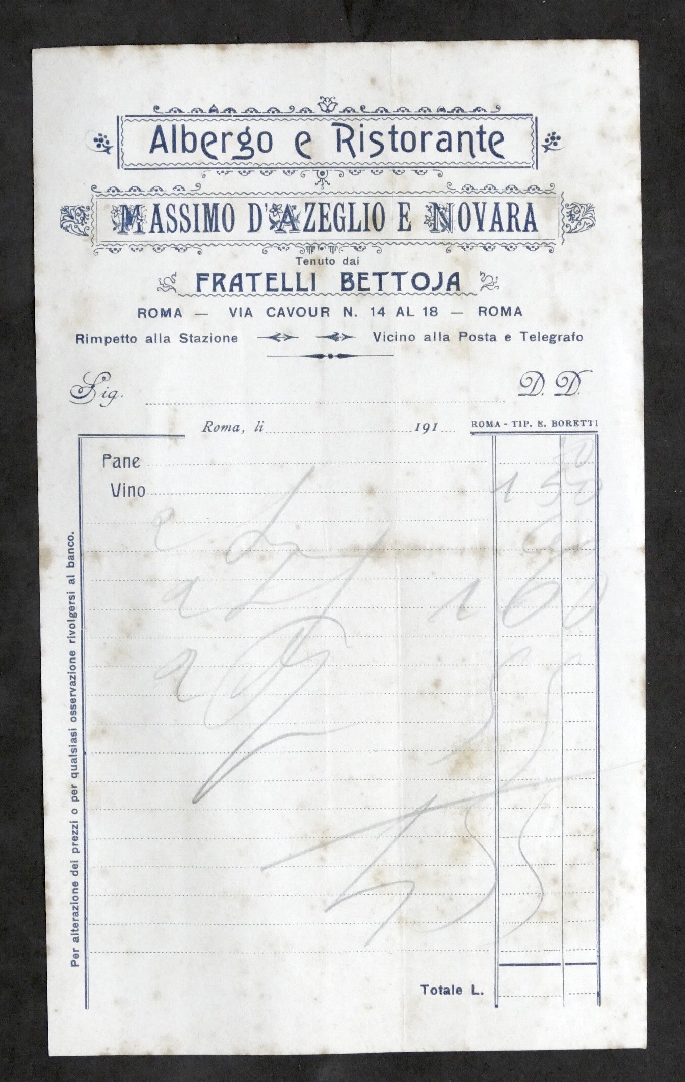 Pubblicità Fattura - Albergo Massimo d'Azeglio e Novara - Roma …