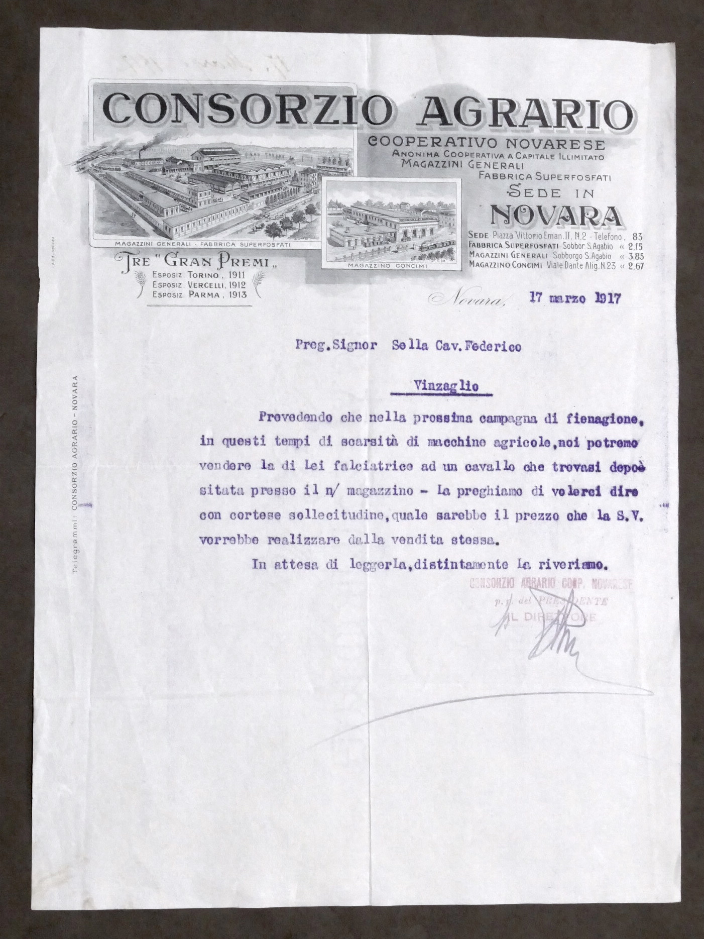 Pubblicità Fattura - Consorzio Agrario Novara - Macchine Agricole - …