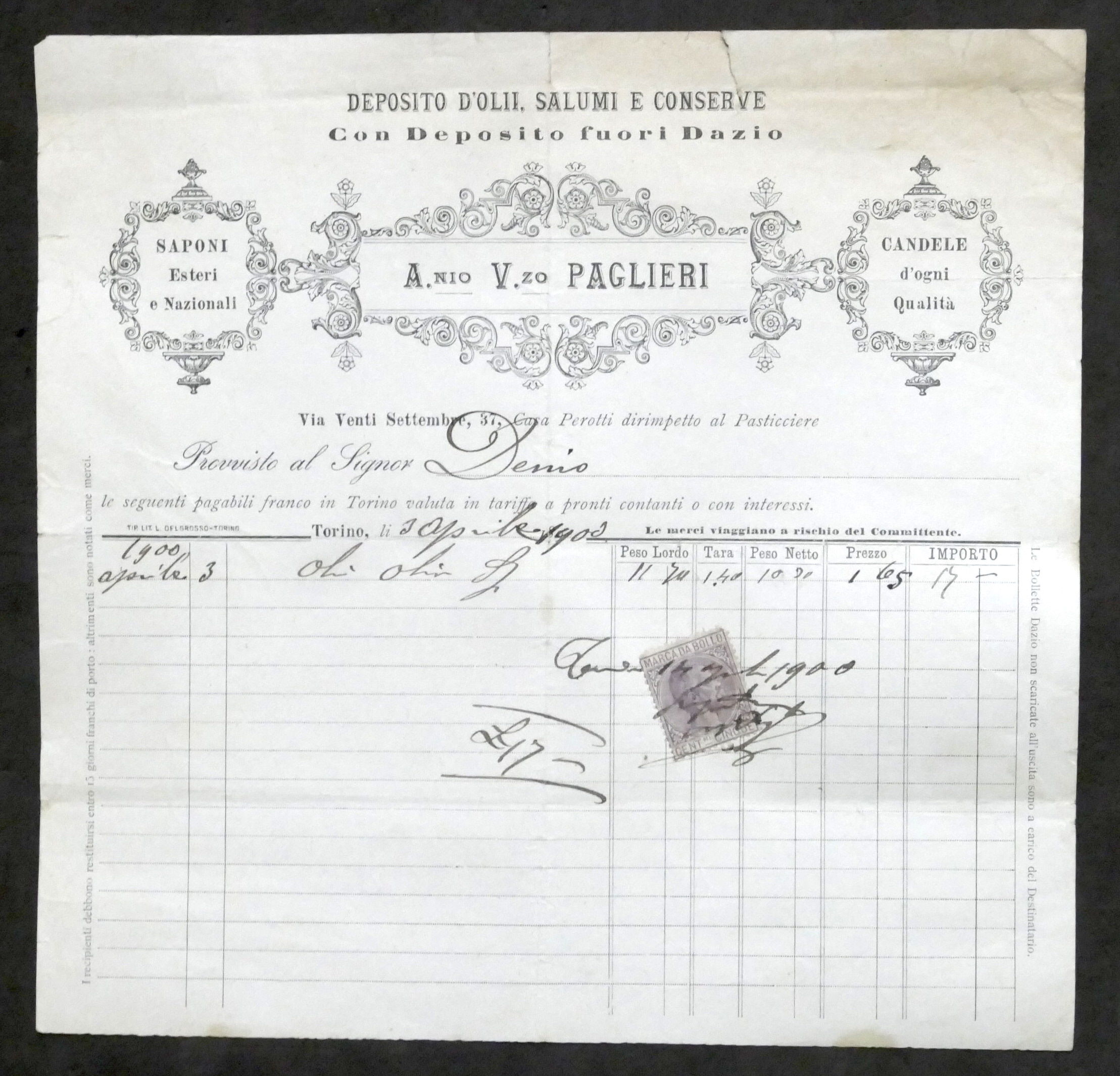Pubblicità Fattura - Deposito d'olii, salumi e conserve Paglieri - …