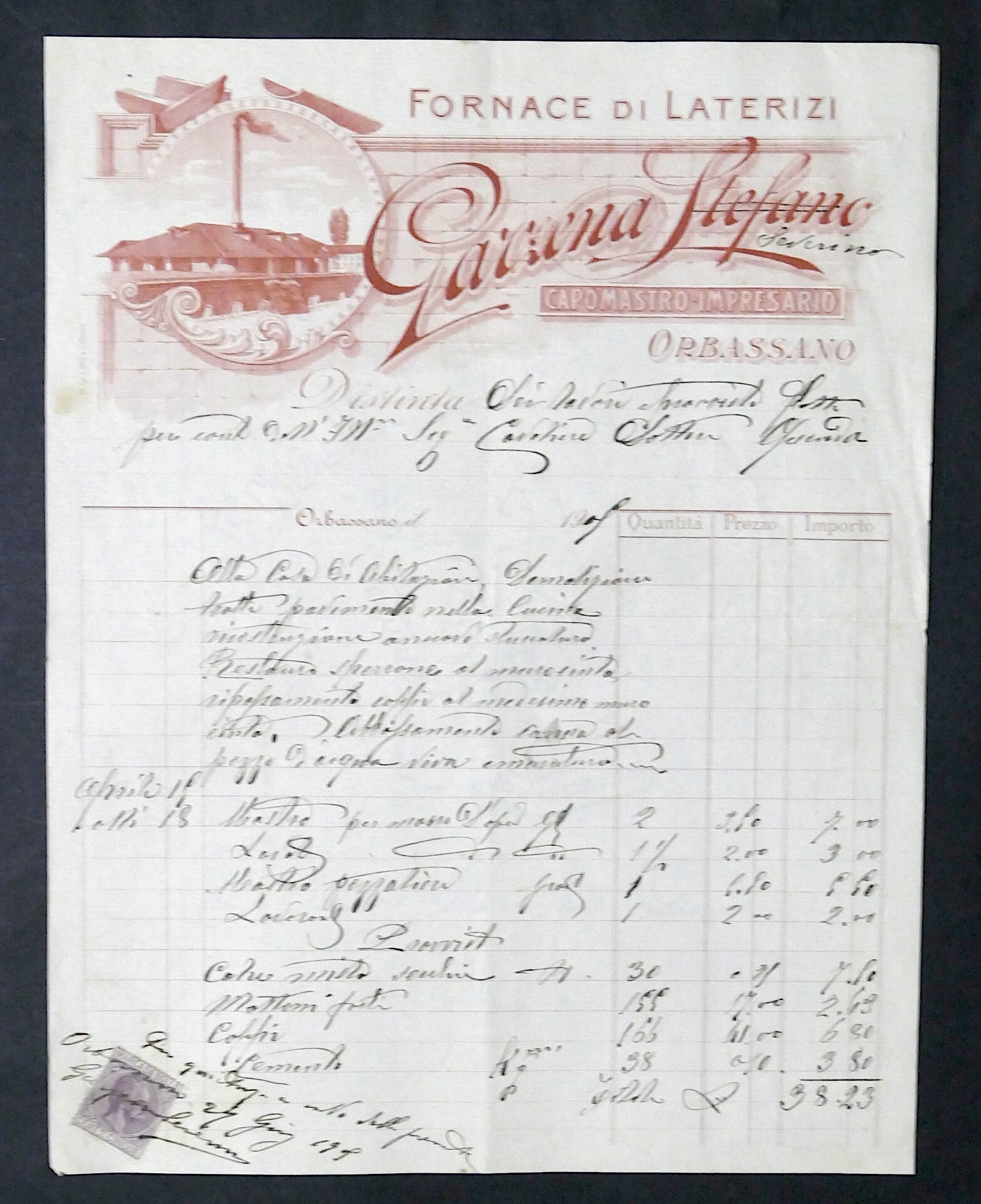 Pubblicità Fattura - Fornace di Laterizi Garzena Stefano - Orbassano …