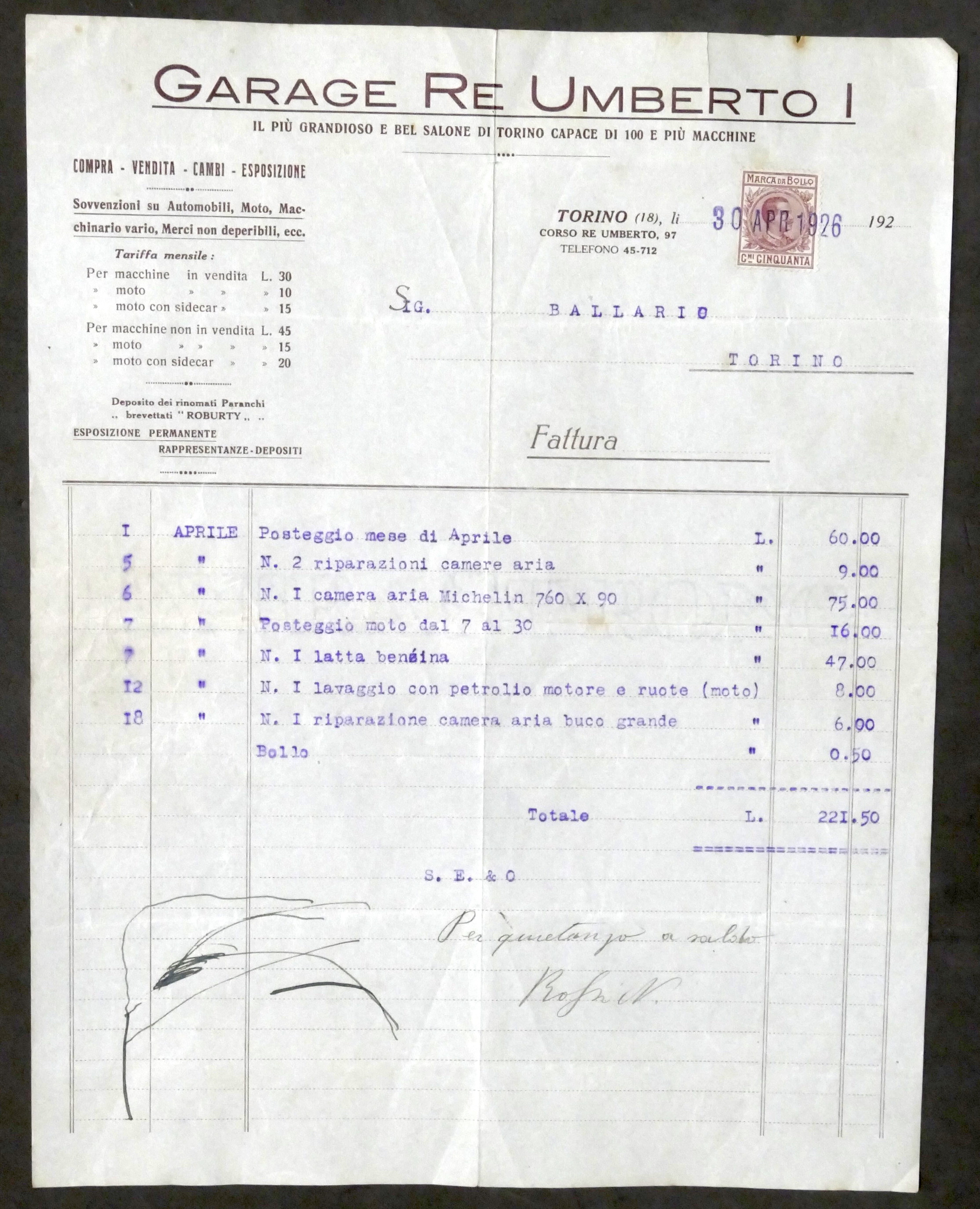 Pubblicità Fattura - Garage Re Umberto I - Torino - …