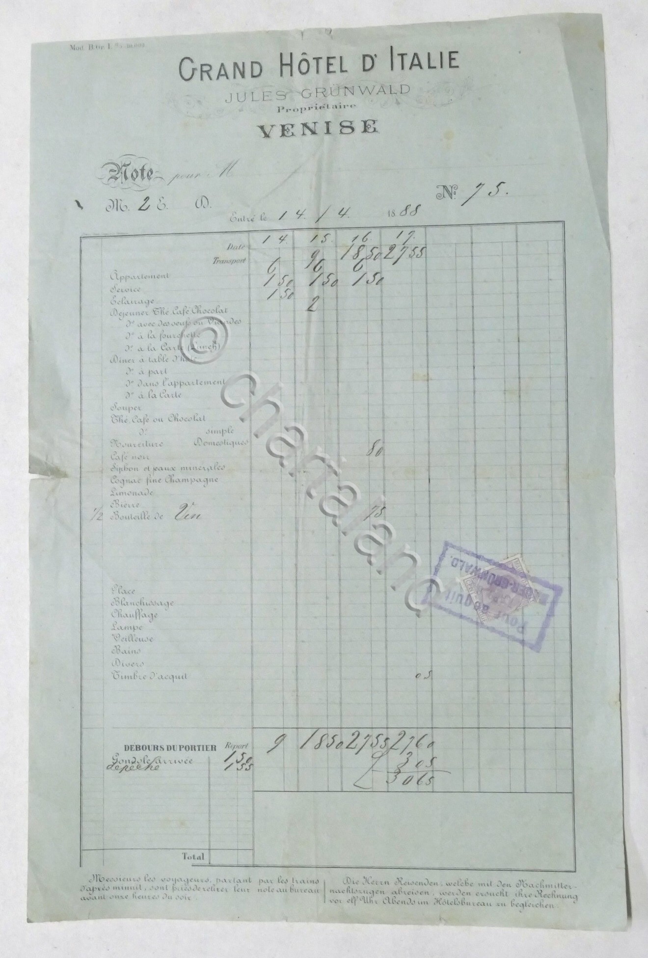 Pubblicità Fattura - Grand Hotel d'Italie - Venezia - 1888