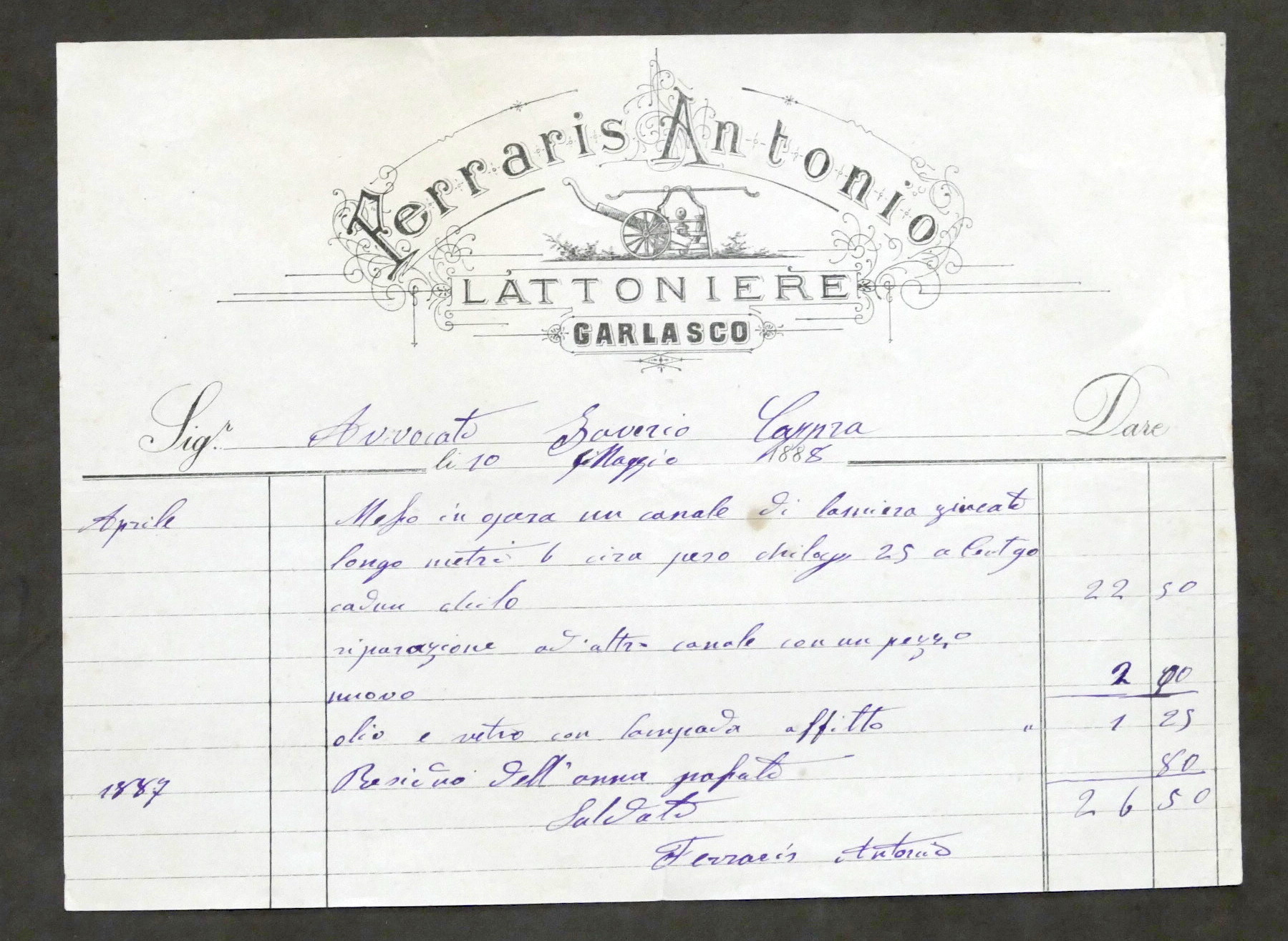 Pubblicità Fattura Ferraris Antonio - Lattoniere - Garlasco - 1888
