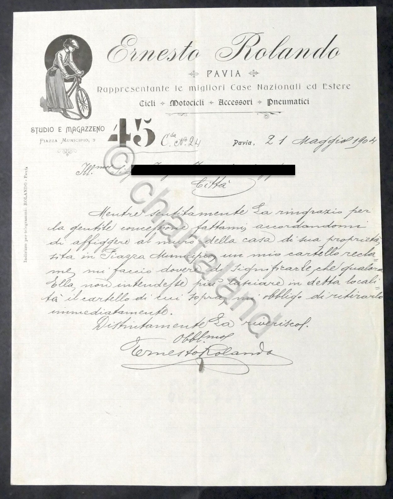 Pubblicità Lettera - Ernesto Rolando: Cicli Motocicli Pneumatici - Pavia …