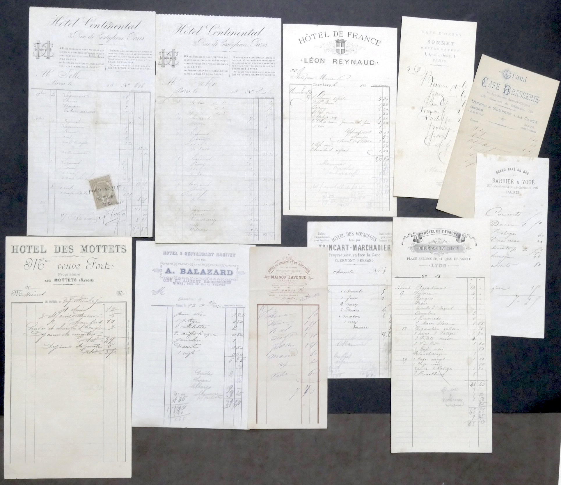 Pubblicità Lotto 11 fatture Hotels Ristoranti - Paris, Nimes, Lyon …