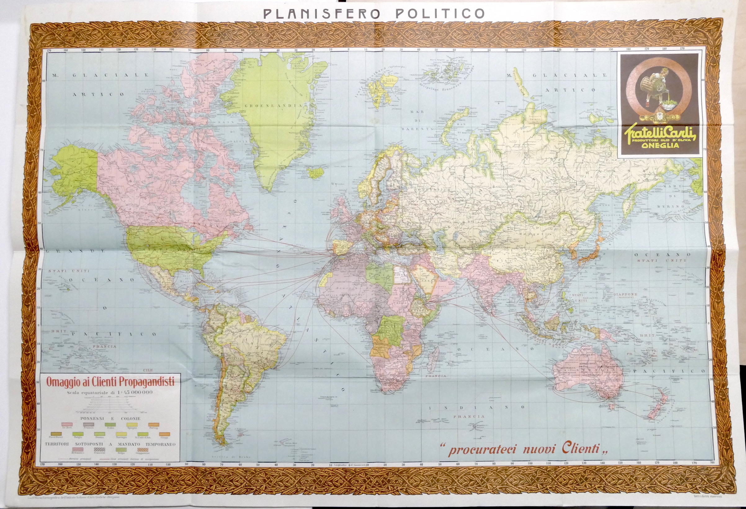 Pubblicità Olio d?oliva Planisfero Politico Omaggio ditta Carli Oneglia 1935 …