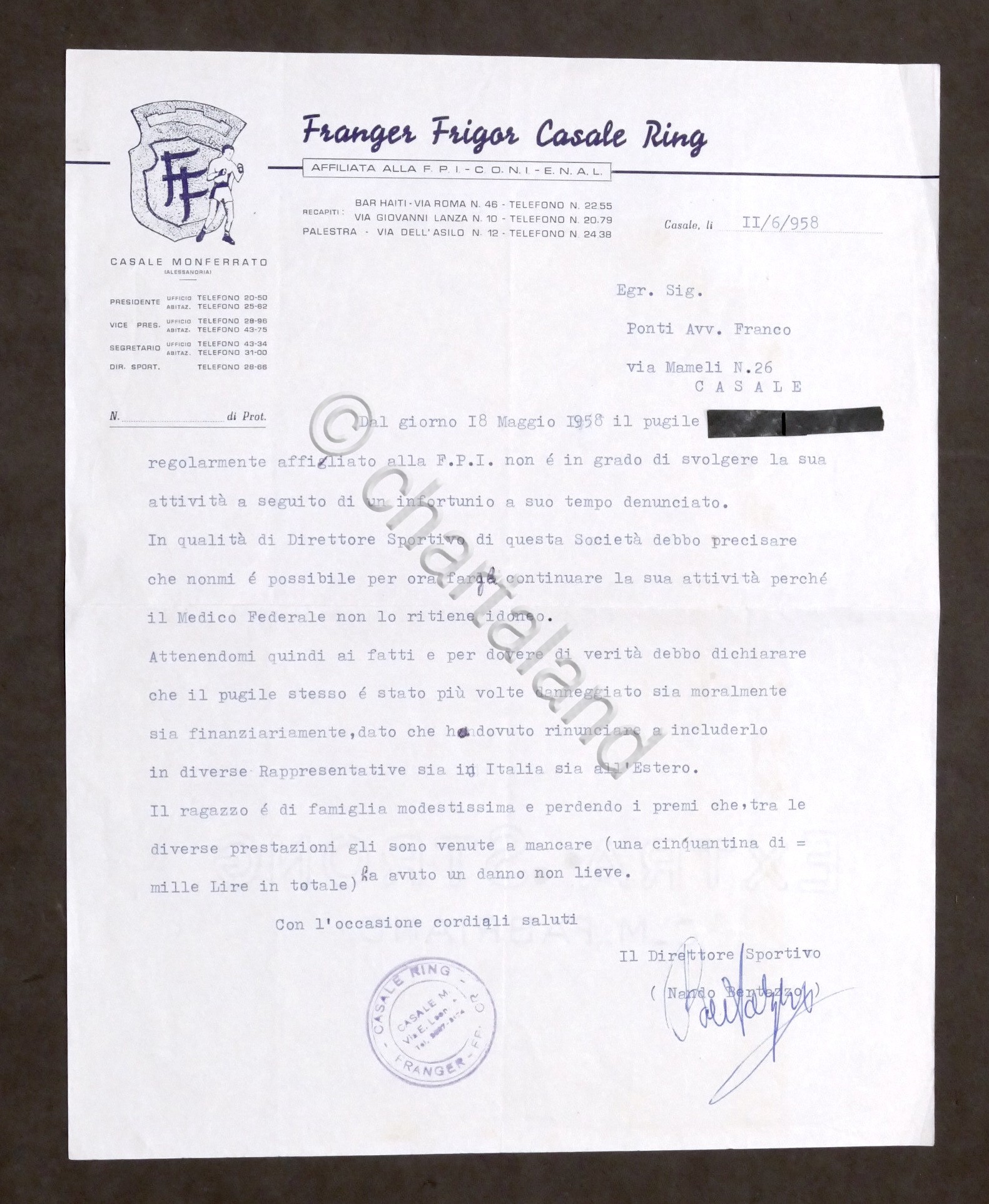 Pugilato - Comunicazione Associazione Franger Frigor Casale Ring - 1958