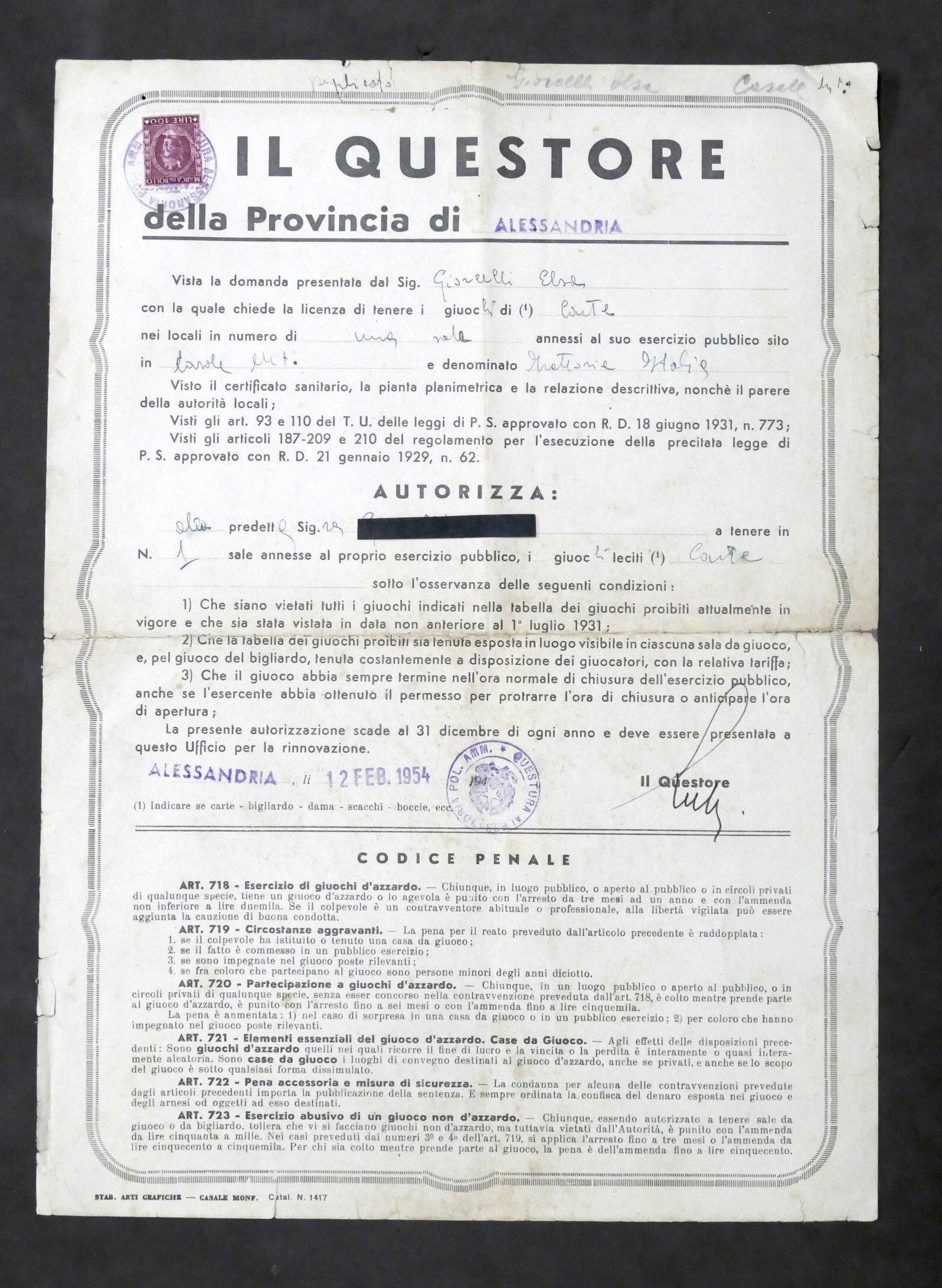 Questore Provincia Alessandria - Casale - Licenza giochi pubblico esercizio …