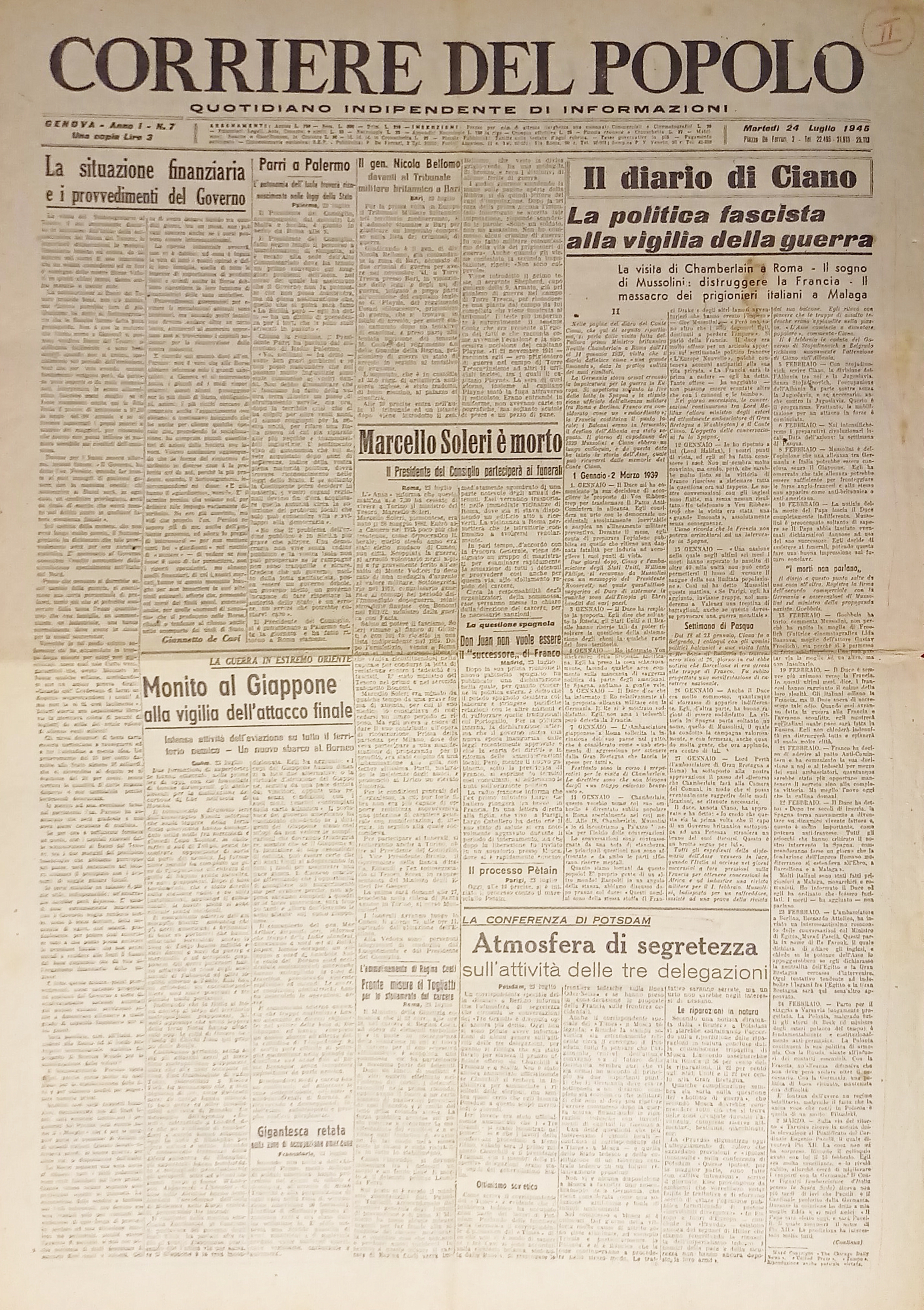 Quotidiano - Corriere del Popolo n. 7 - 1945 Marcello …