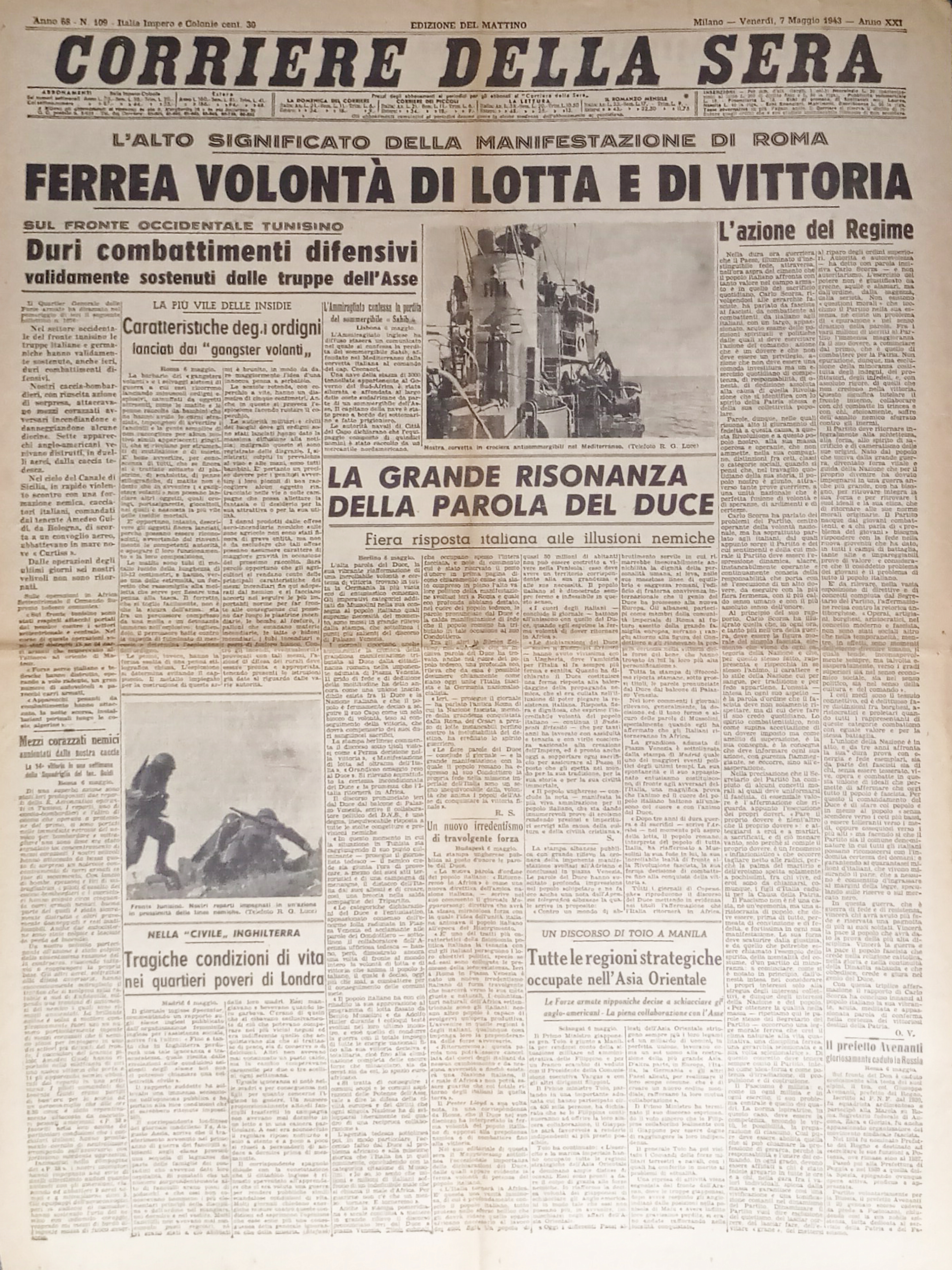 Quotidiano - Corriere della Sera N. 109 - 1943 Volontà …