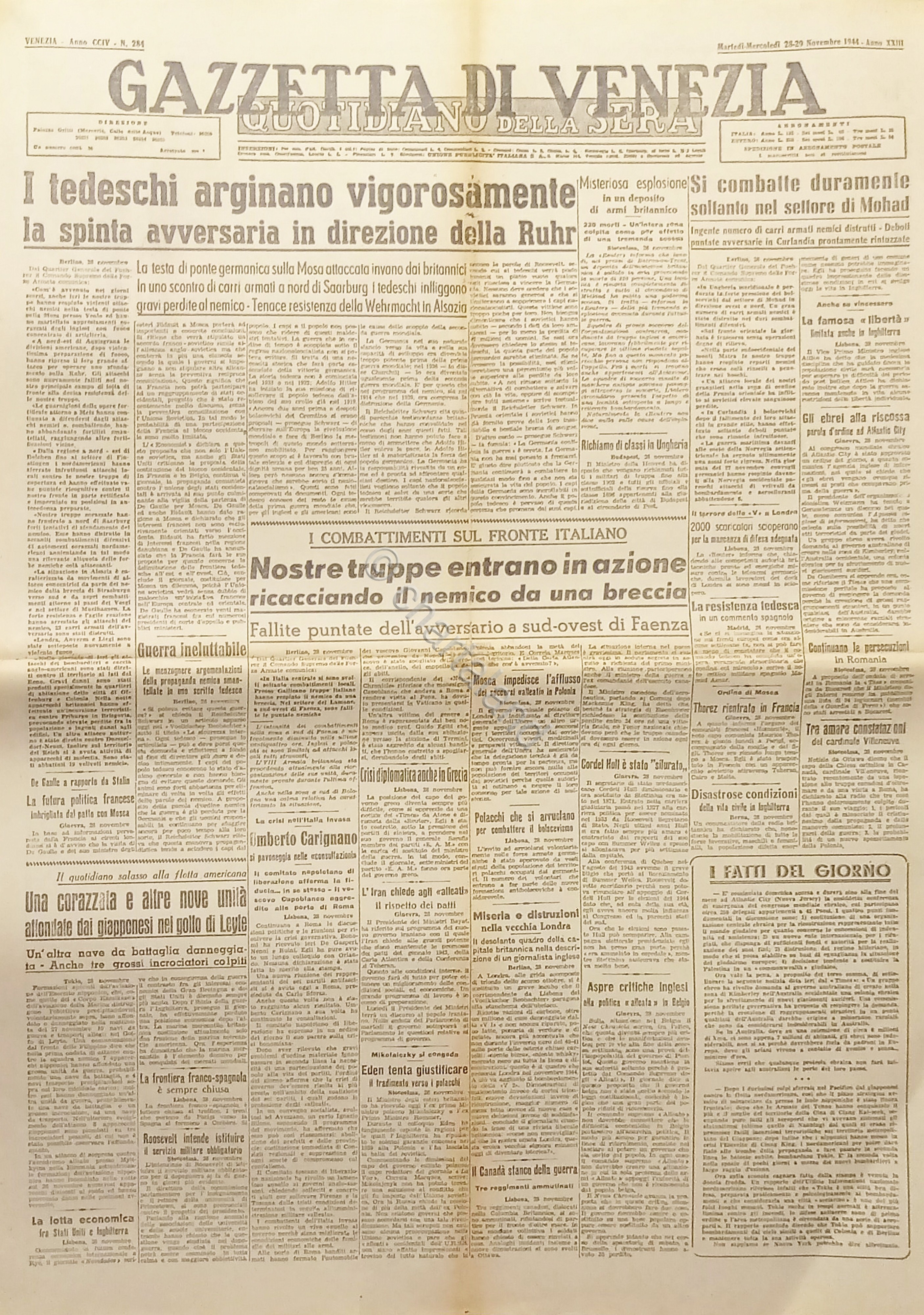 Quotidiano - Gazzetta di Venezia N. 284 - 1944 Tedeschi …