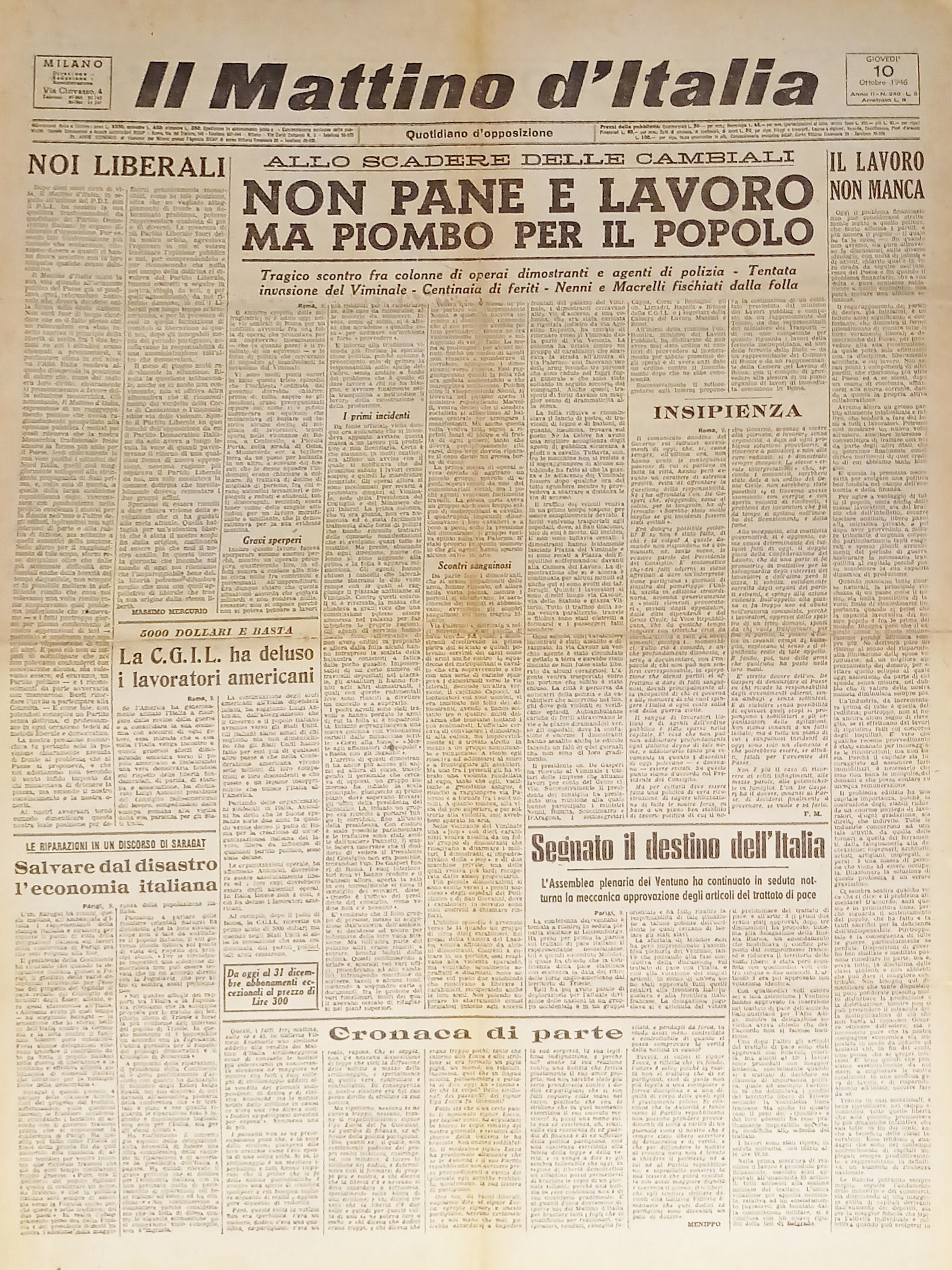 Quotidiano - Il Mattino d'Italia N. 240 - 1946 Piombo …