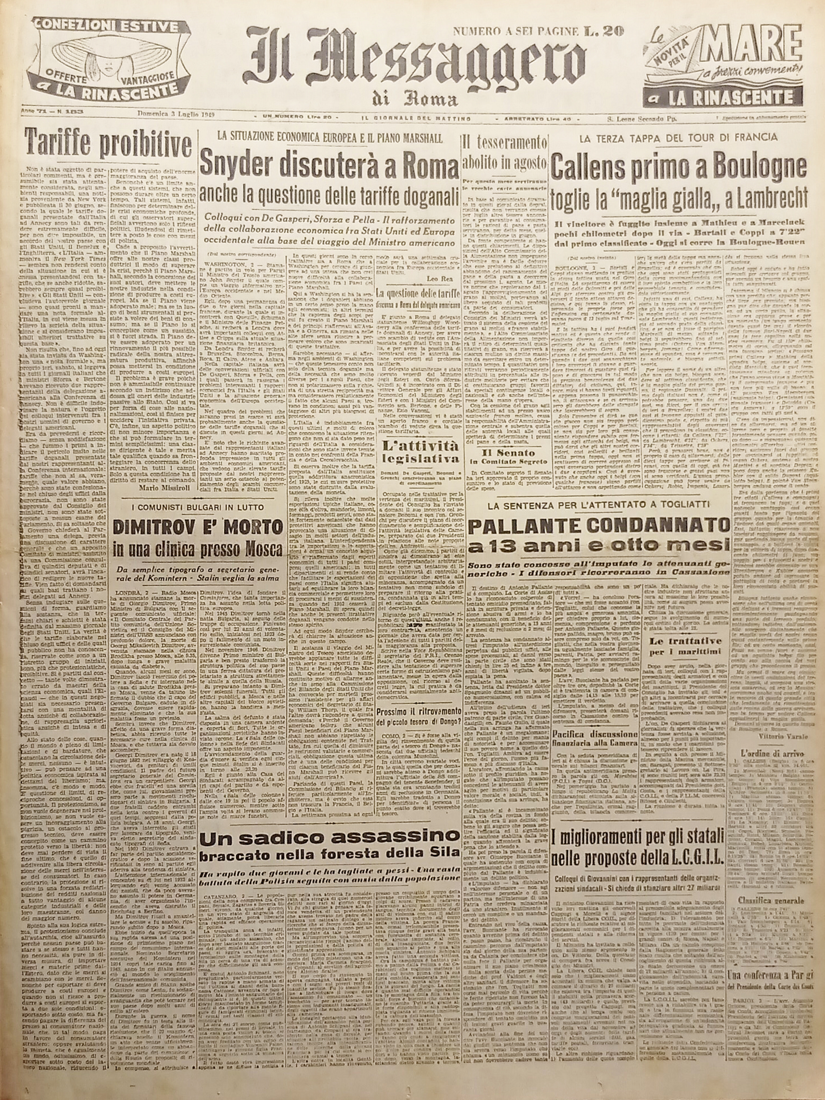 Quotidiano - Il Messaggero di Roma n. 183 - 1949 …