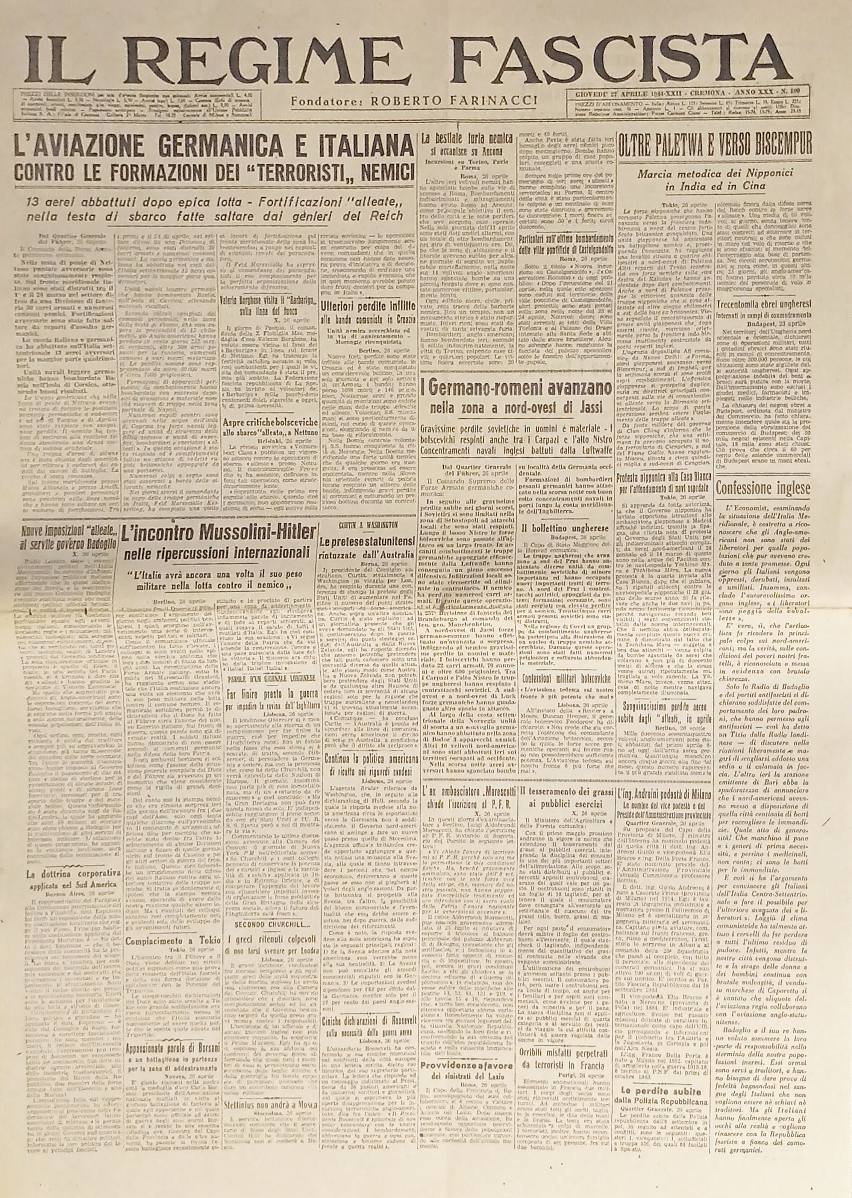Quotidiano - Il Regime Fascista n. 100 - 1944 L'aviazione …
