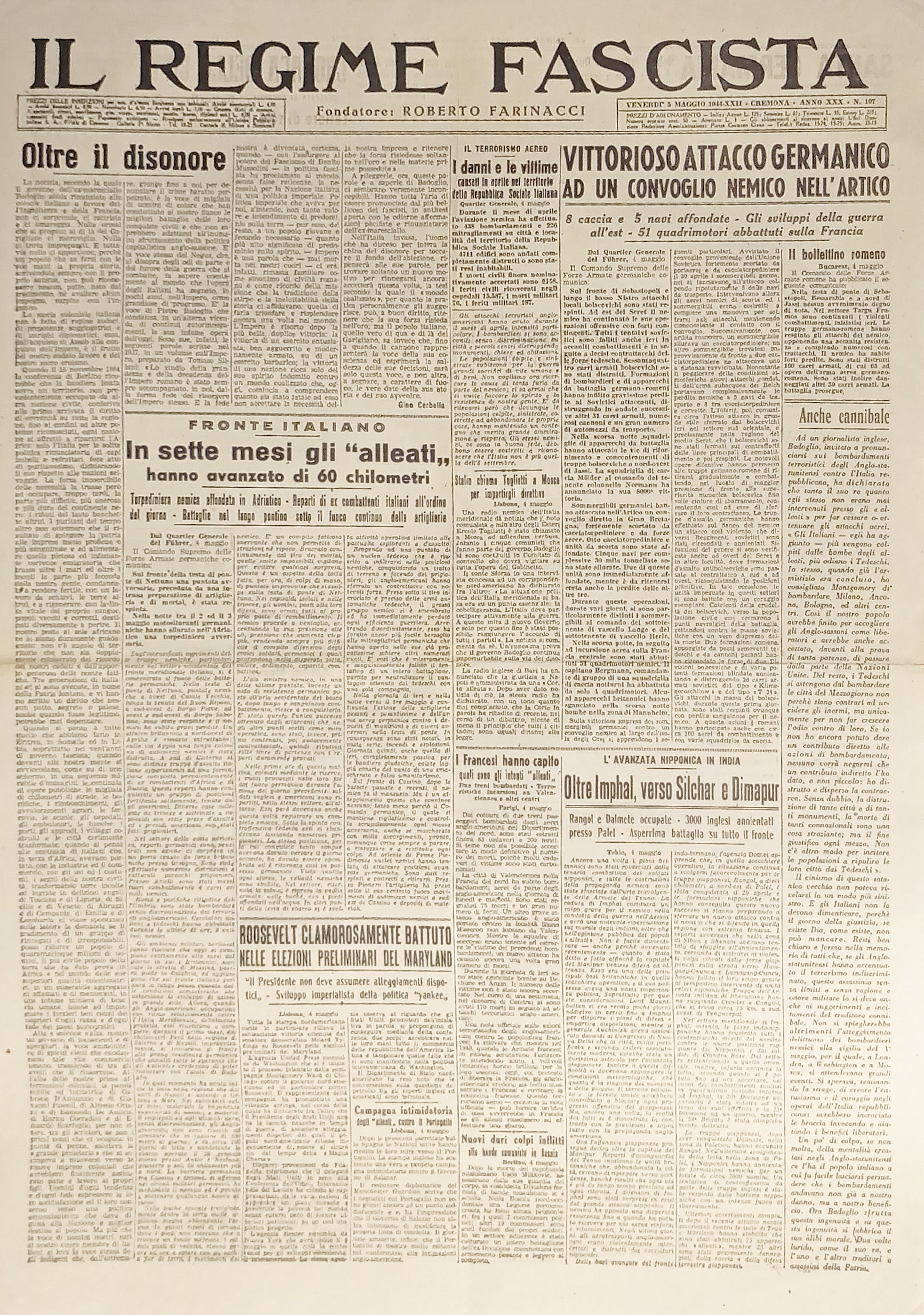 Quotidiano - Il Regime Fascista n. 107 - 1944 Vittorioso …