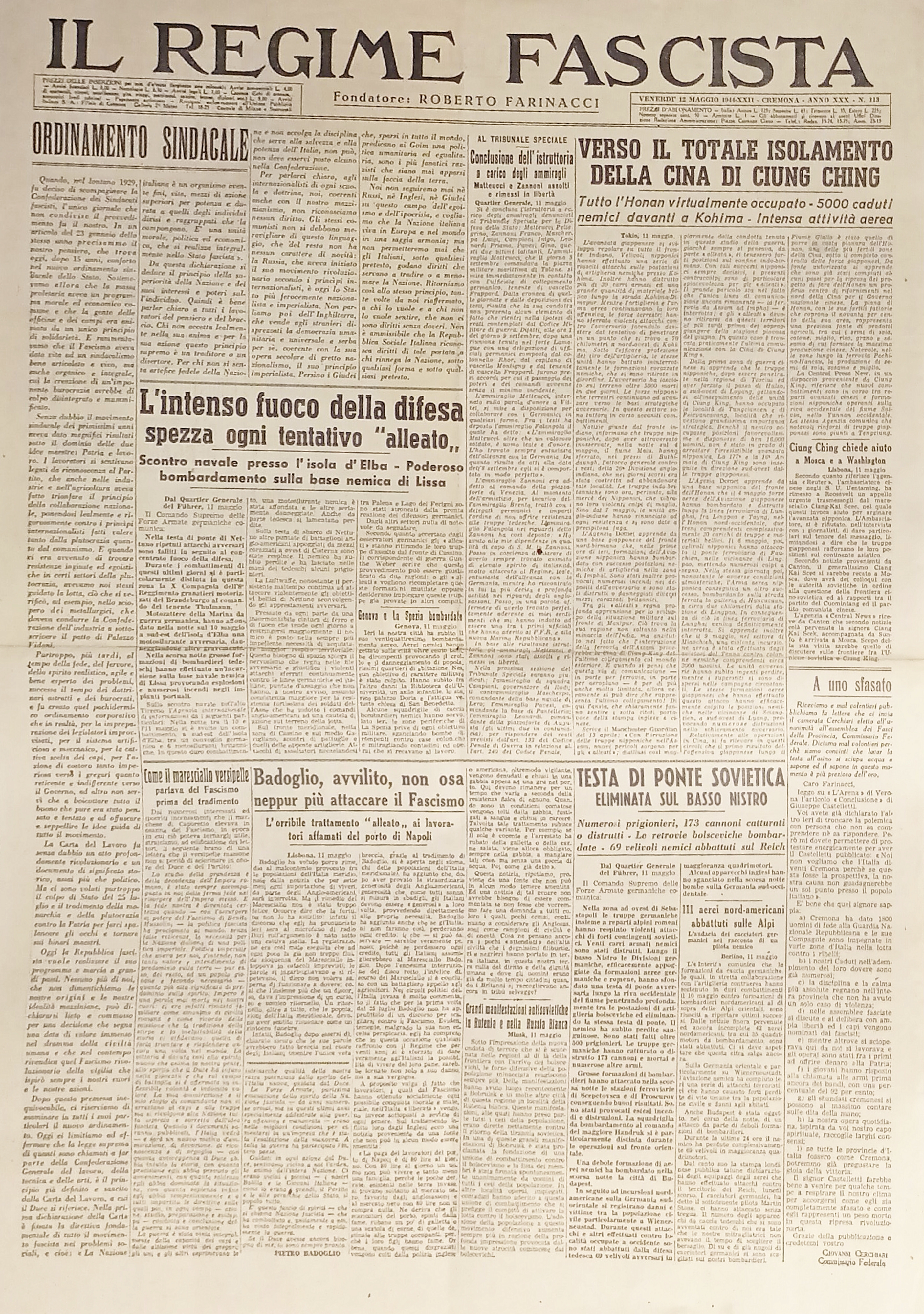 Quotidiano - Il Regime Fascista n. 113 - 1944 Verso …