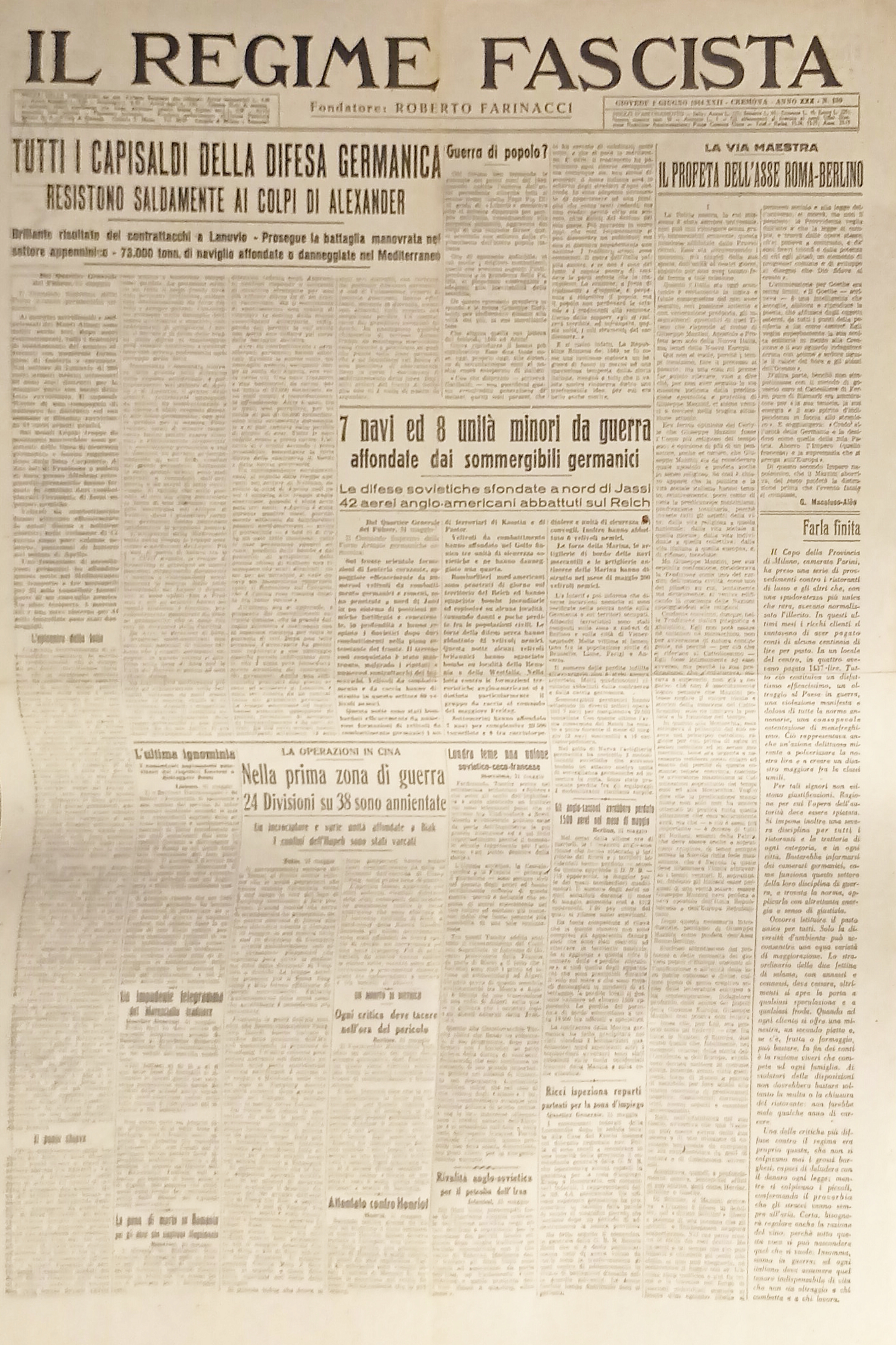 Quotidiano - Il Regime Fascista n. 130 - 1944 Capisaldi …