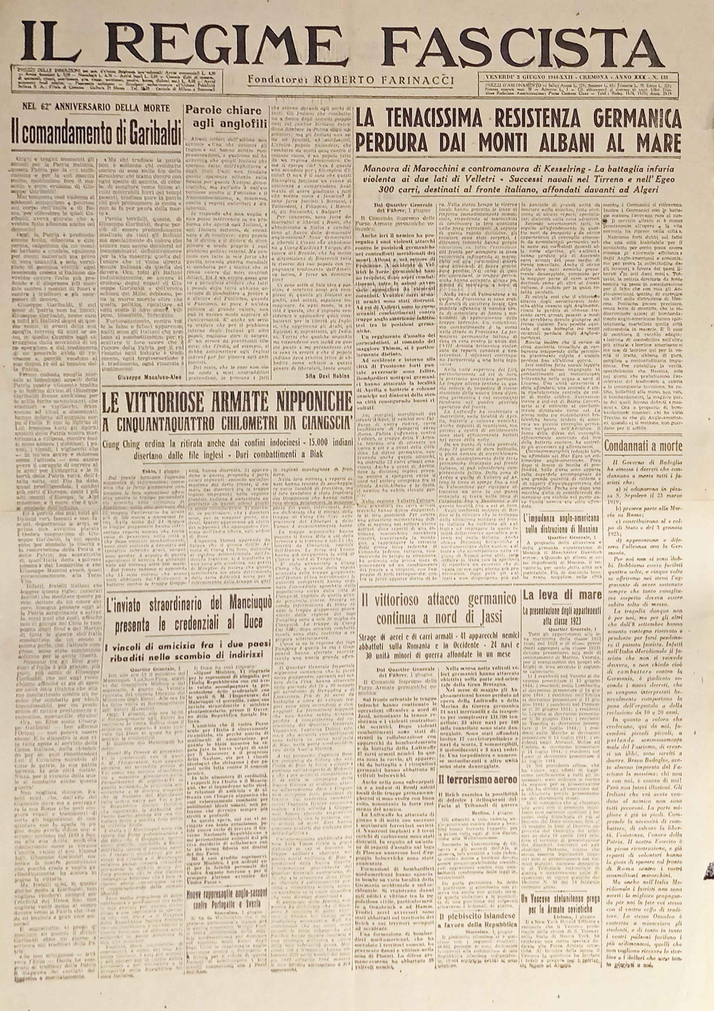 Quotidiano - Il Regime Fascista n. 131 - 1944 Le …