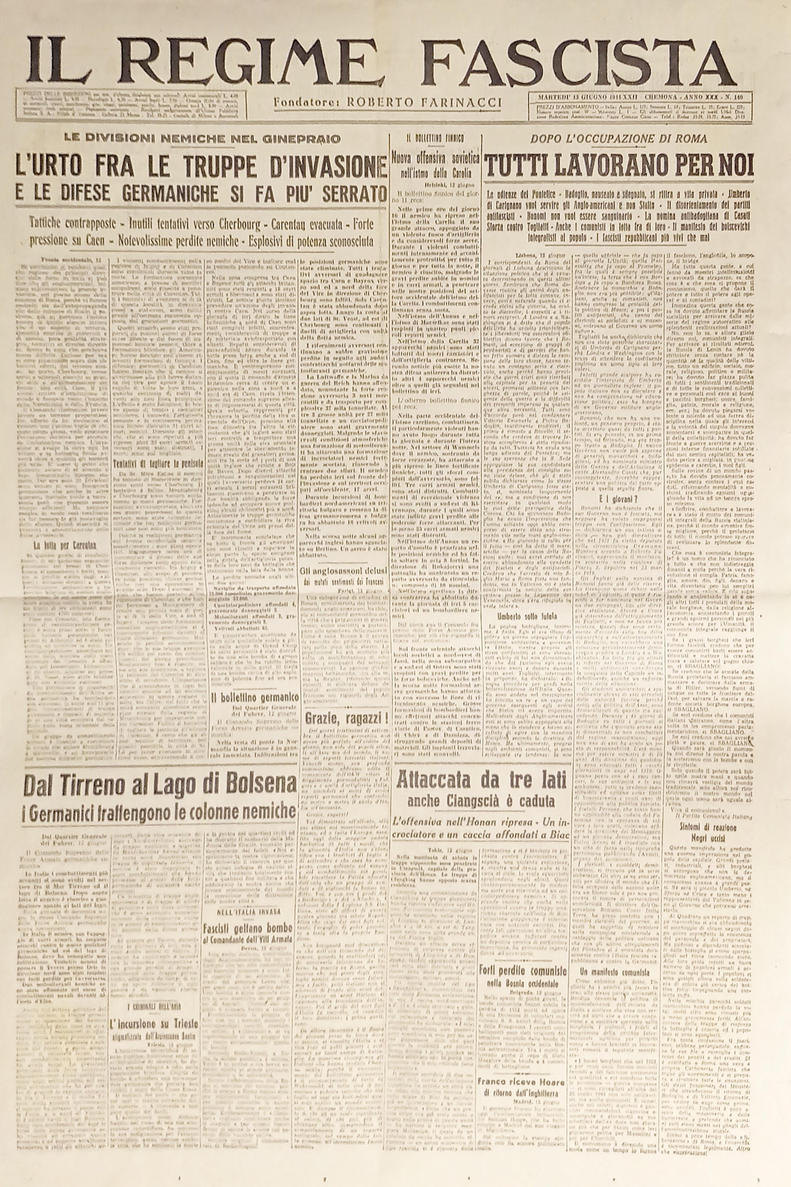 Quotidiano - Il Regime Fascista n. 140 - 1944 Tutti …
