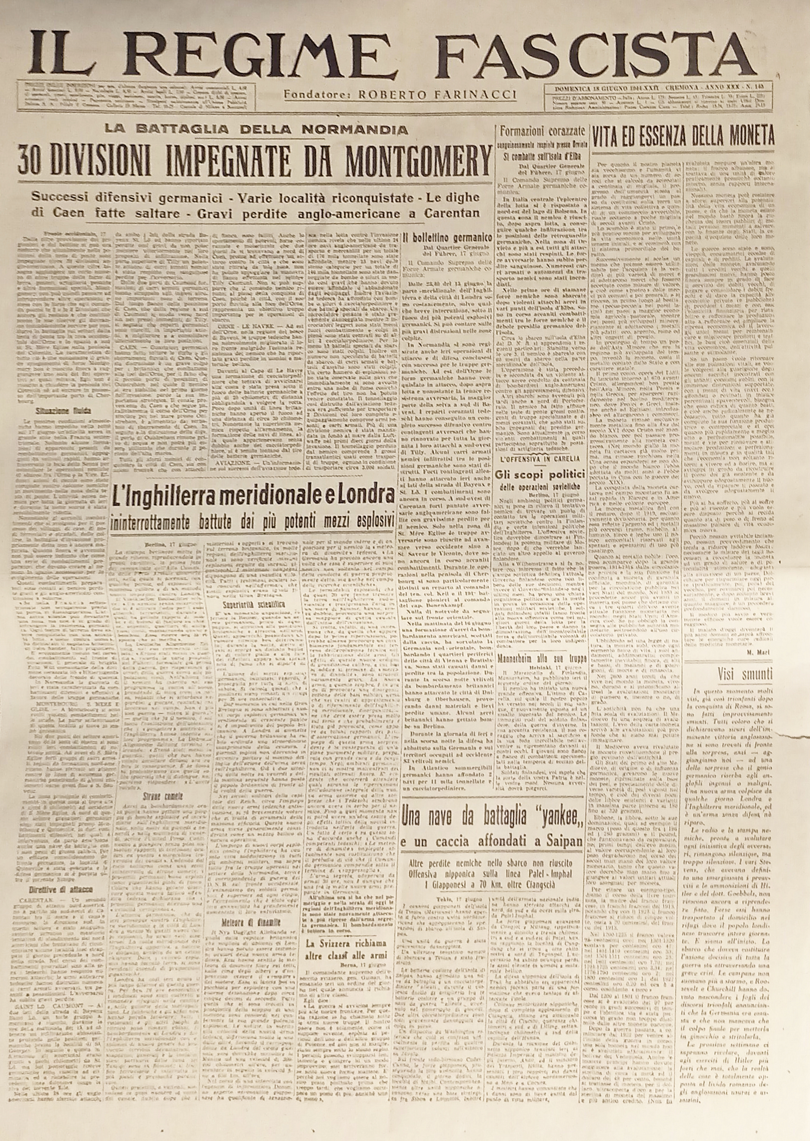 Quotidiano - Il Regime Fascista n. 145 - 1944 Divisioni …