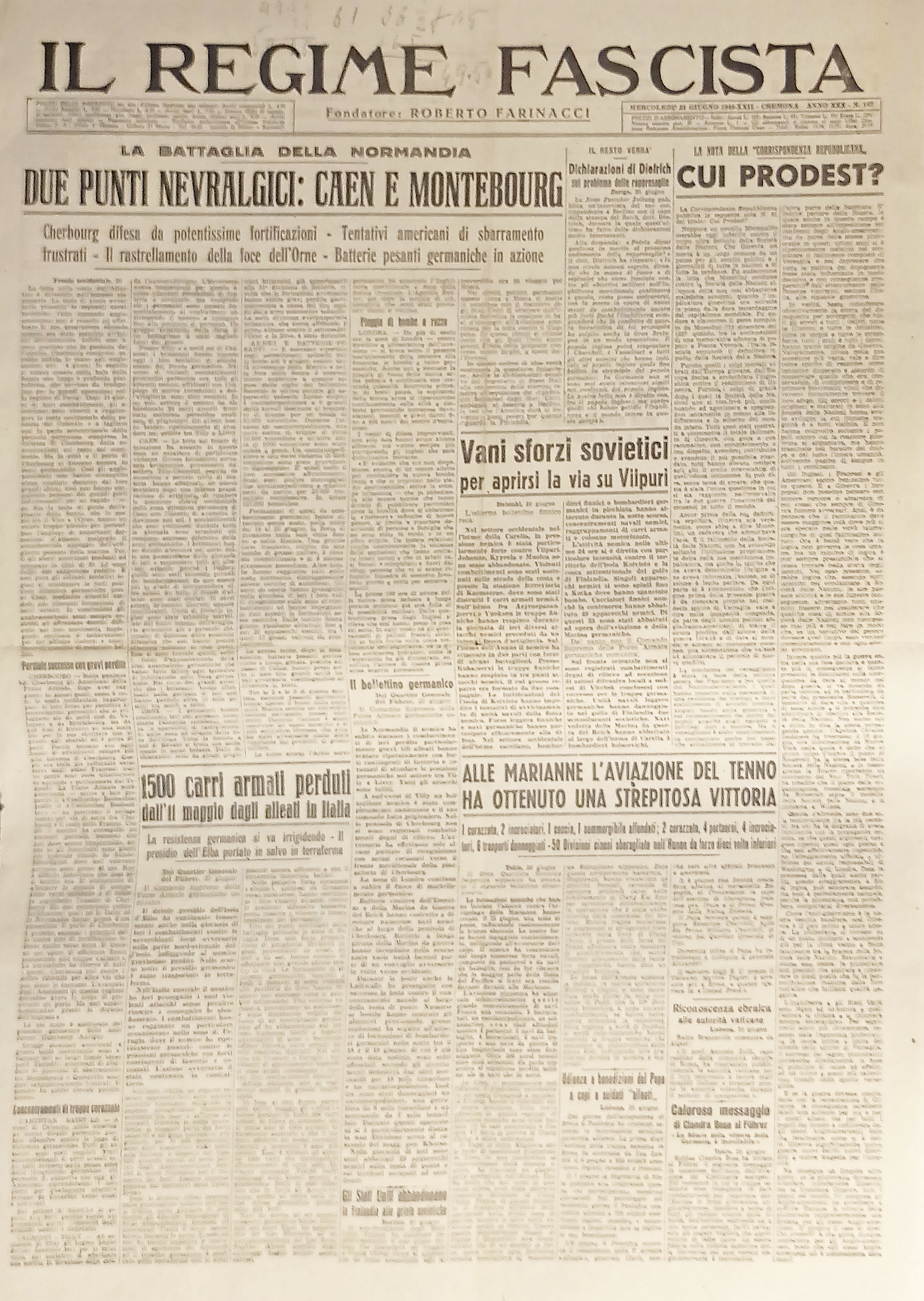 Quotidiano - Il Regime Fascista n. 147 - 1944 Punti …