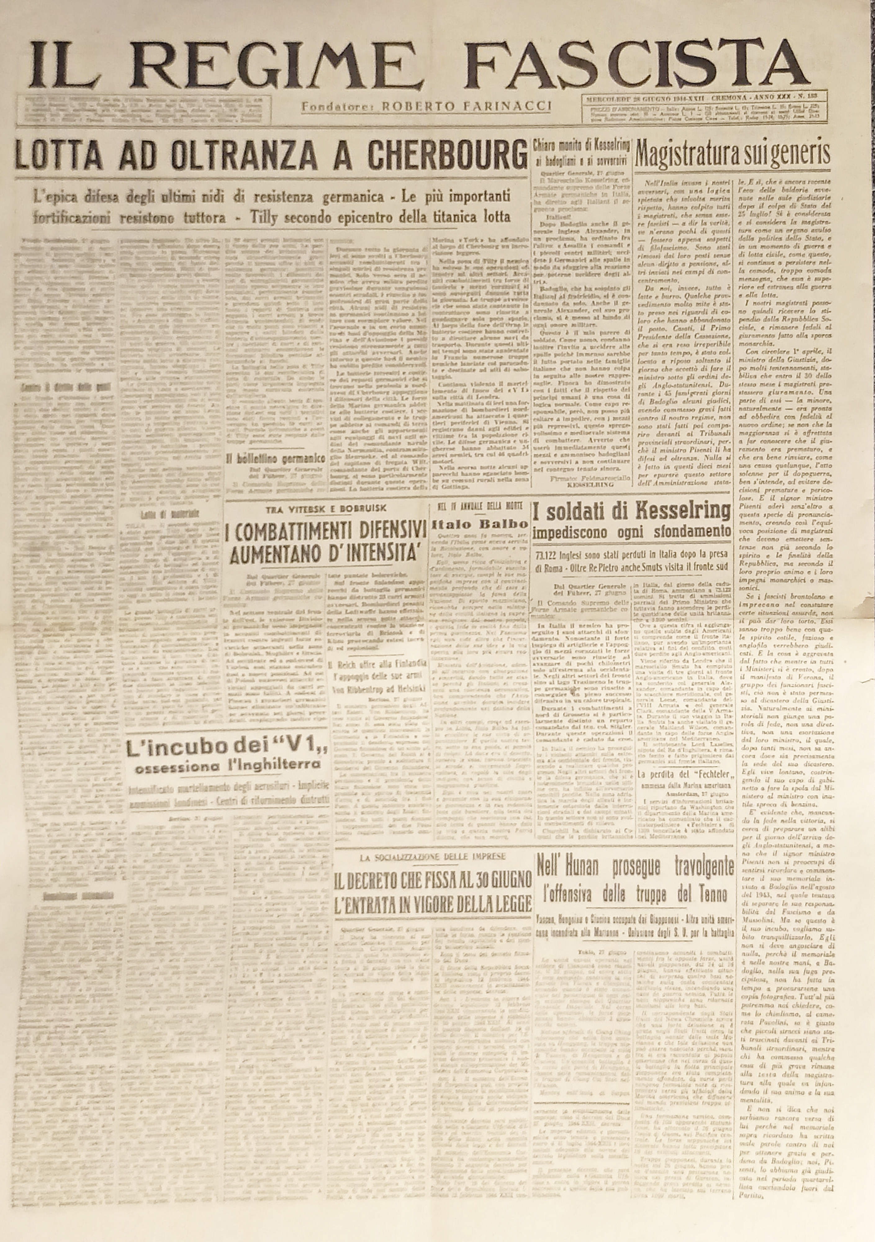 Quotidiano - Il Regime Fascista n. 153 - 1944 Lotta …