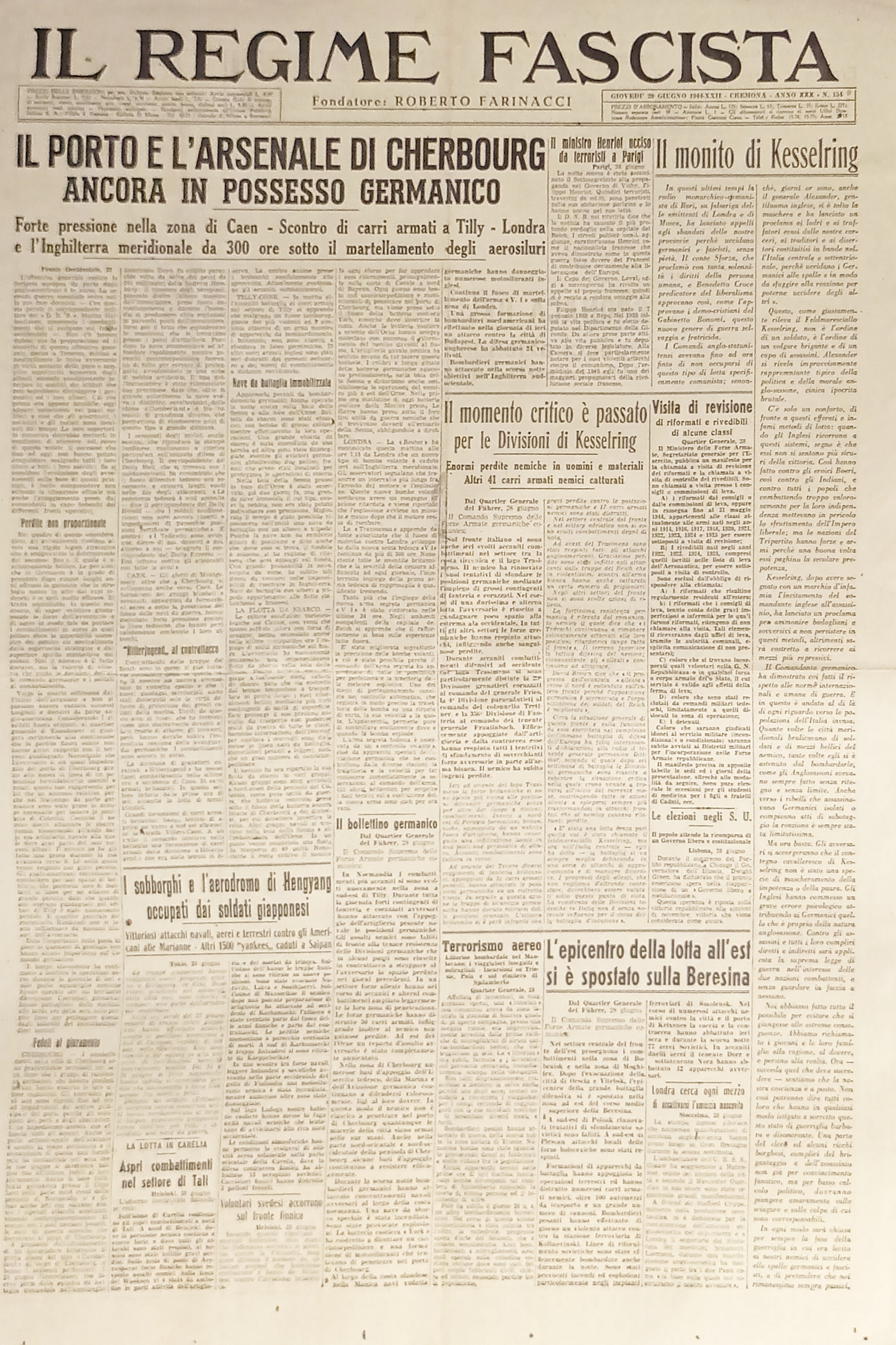 Quotidiano - Il Regime Fascista n. 154 - 1944 Porto …