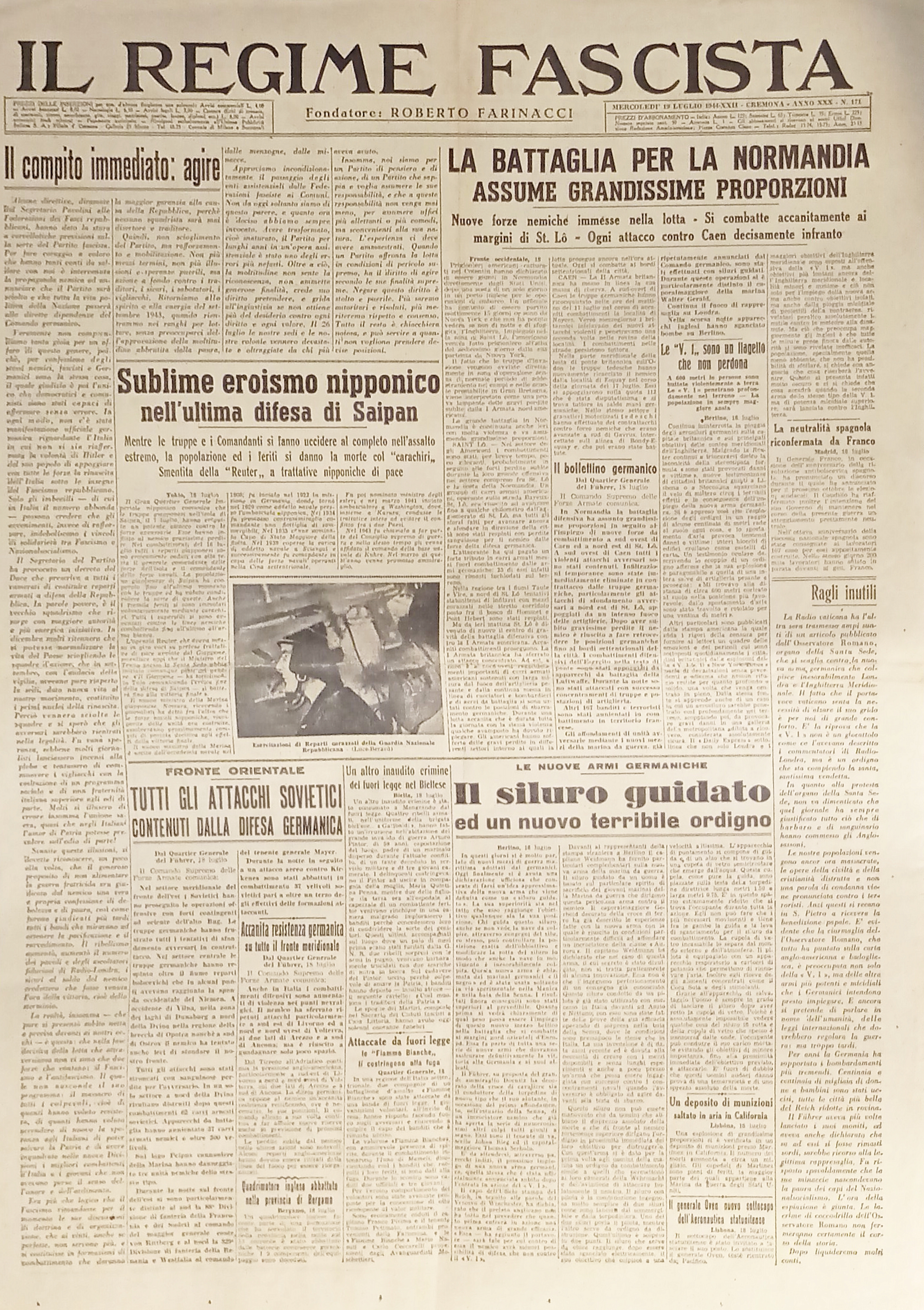 Quotidiano - Il Regime Fascista n. 171 - 1944 La …